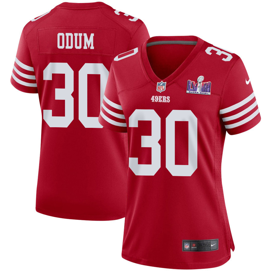 George Odum 30 San Francisco 49ers Super Bowl LVIII Patch Game Women Jersey - Scarlet JS9384 Saliibo