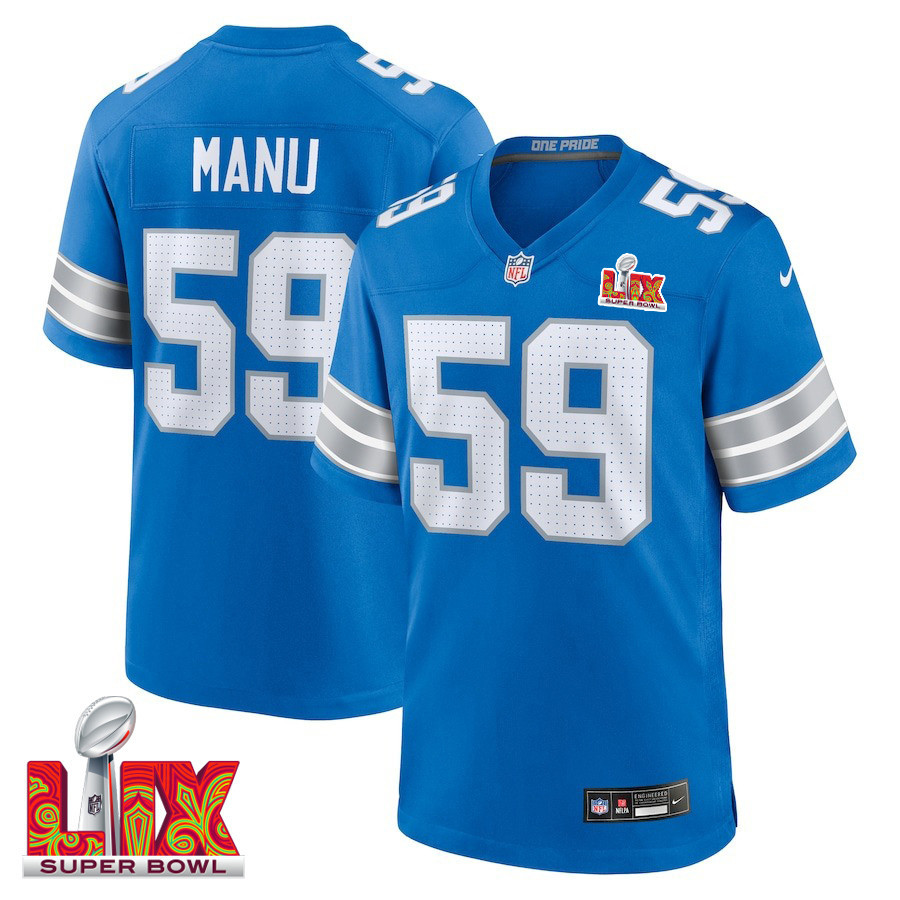 Giovanni Manu #59 Detroit Lions Super Bowl LIX Jersey - Men's - Blue JS3821 Saliibo