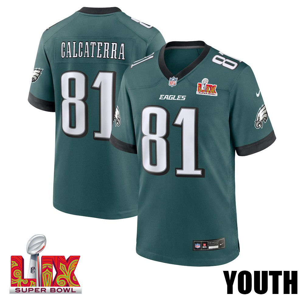 Grant Calcaterra #81 Philadelphia Eagles Super Bowl LIX YOUTH Jersey - Midnight Green JS2544 Saliibo