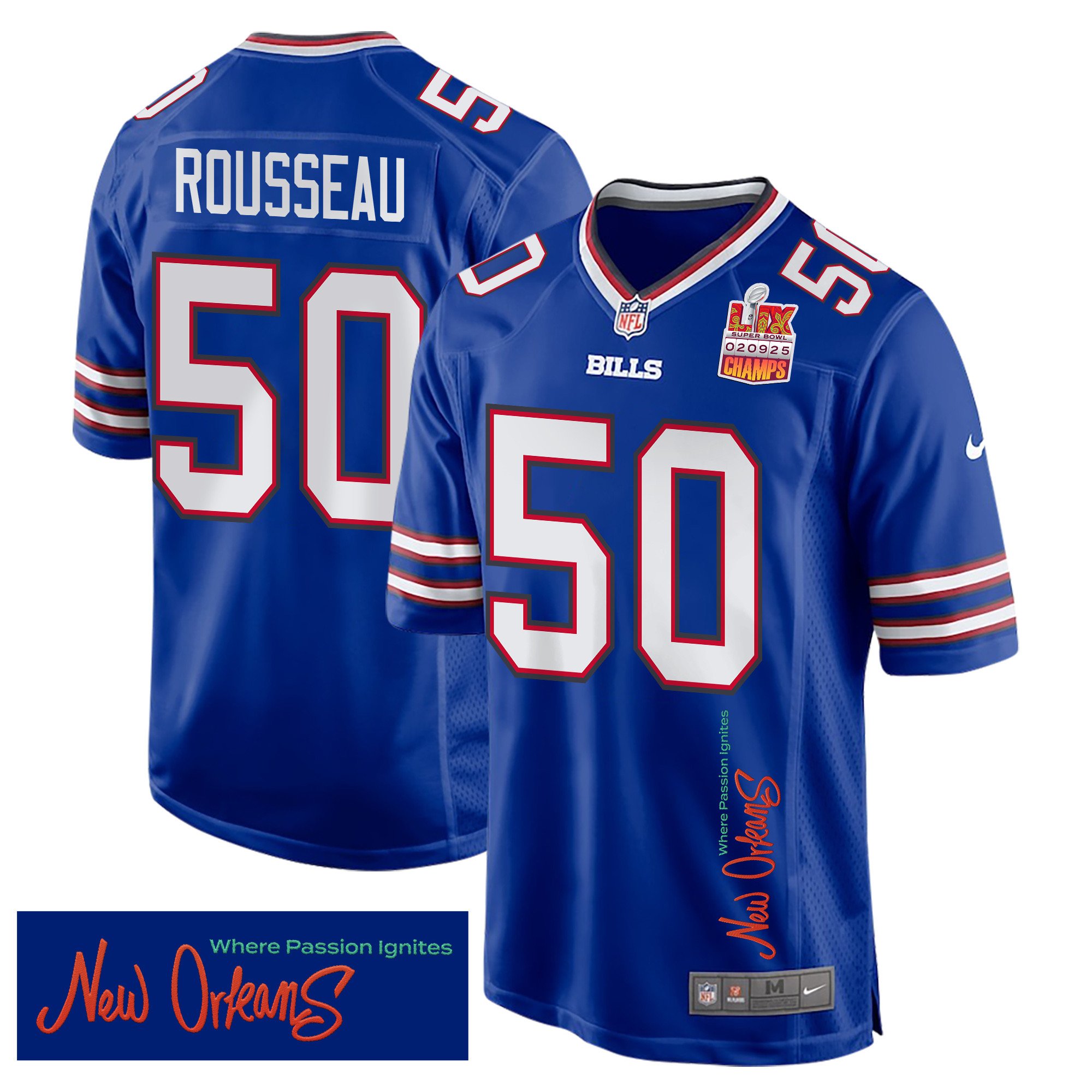 Greg Rousseau 50 Buffalo Bills Super Bowl LIX Champions Patch 'New Orleans - Where Passion Ignites' EMBROIDERED Game Men Jersey - Royal JS4941 Saliibo