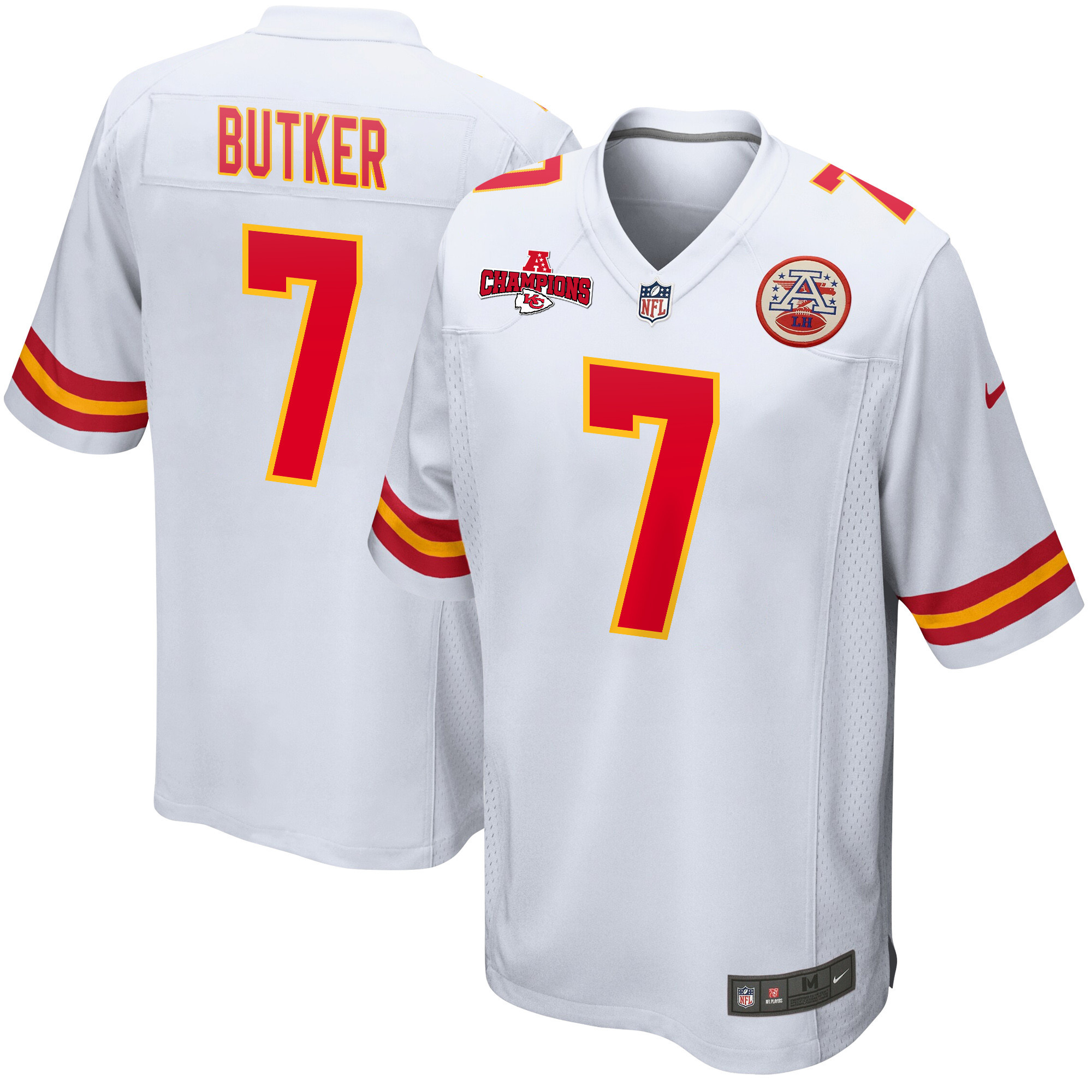Harrison Butker 7 Kansas City Chiefs AFC Champions Patch Game Men Jersey - White JS7574 Saliibo