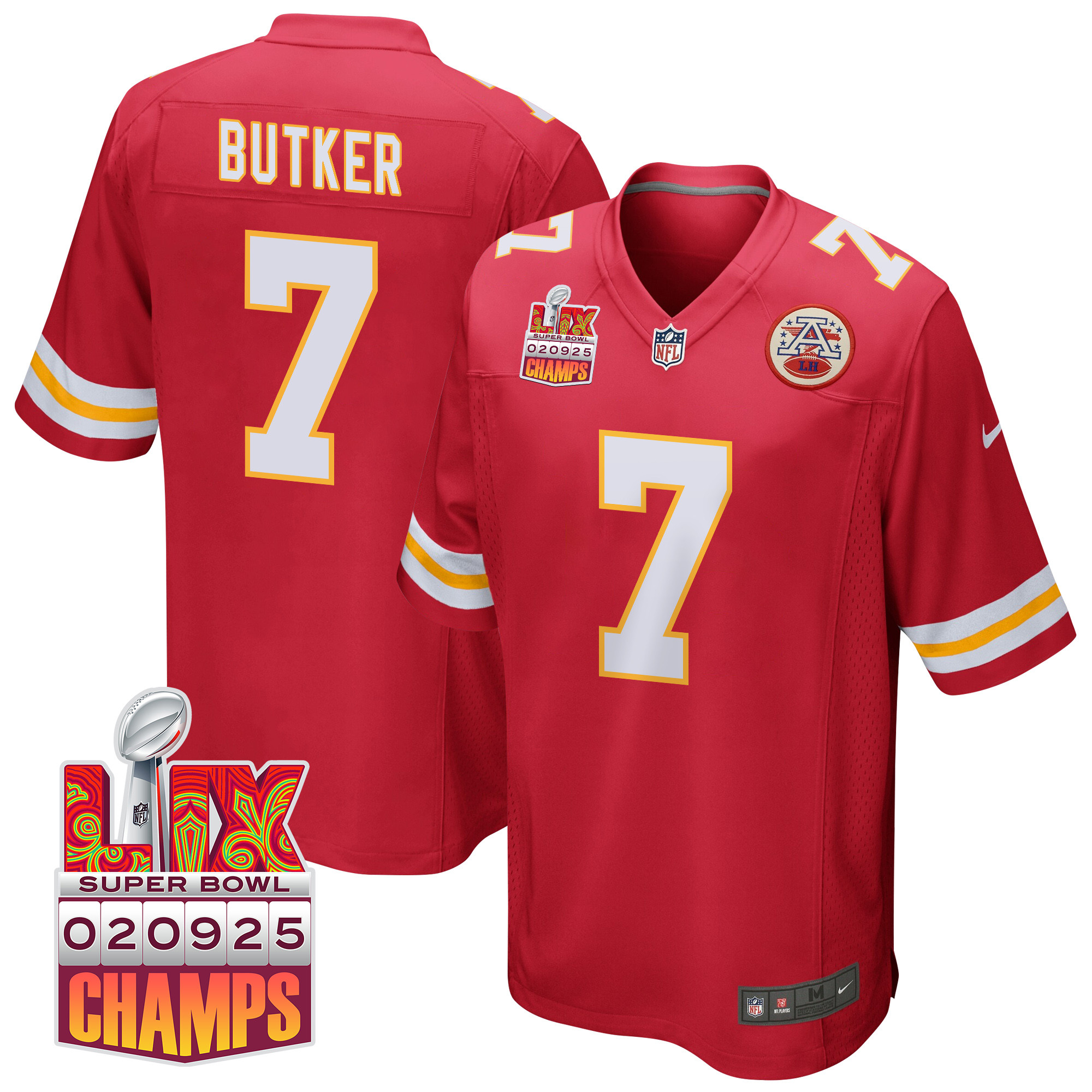 Harrison Butker 7 Kansas City Chiefs Super Bowl LIX Champions Patch Game Men Jersey - Red JS4361 Saliibo