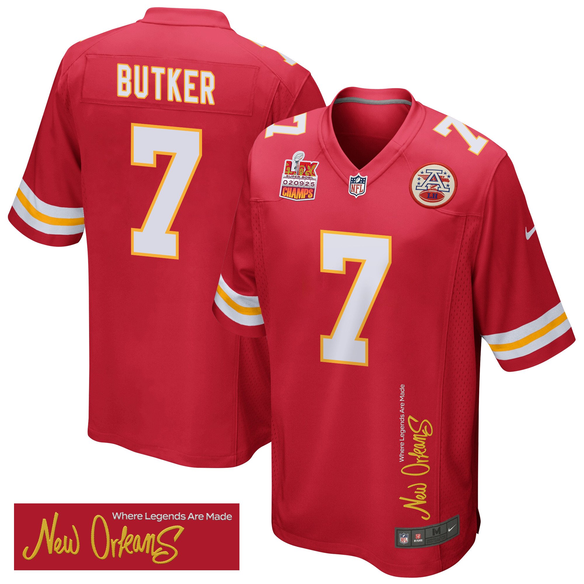 Harrison Butker 7 Kansas City Chiefs Super Bowl LIX Champions Patch 'New Orleans - Where Legends Are Made' EMBROIDERED Game Men Jersey - Red JS2312 Saliibo