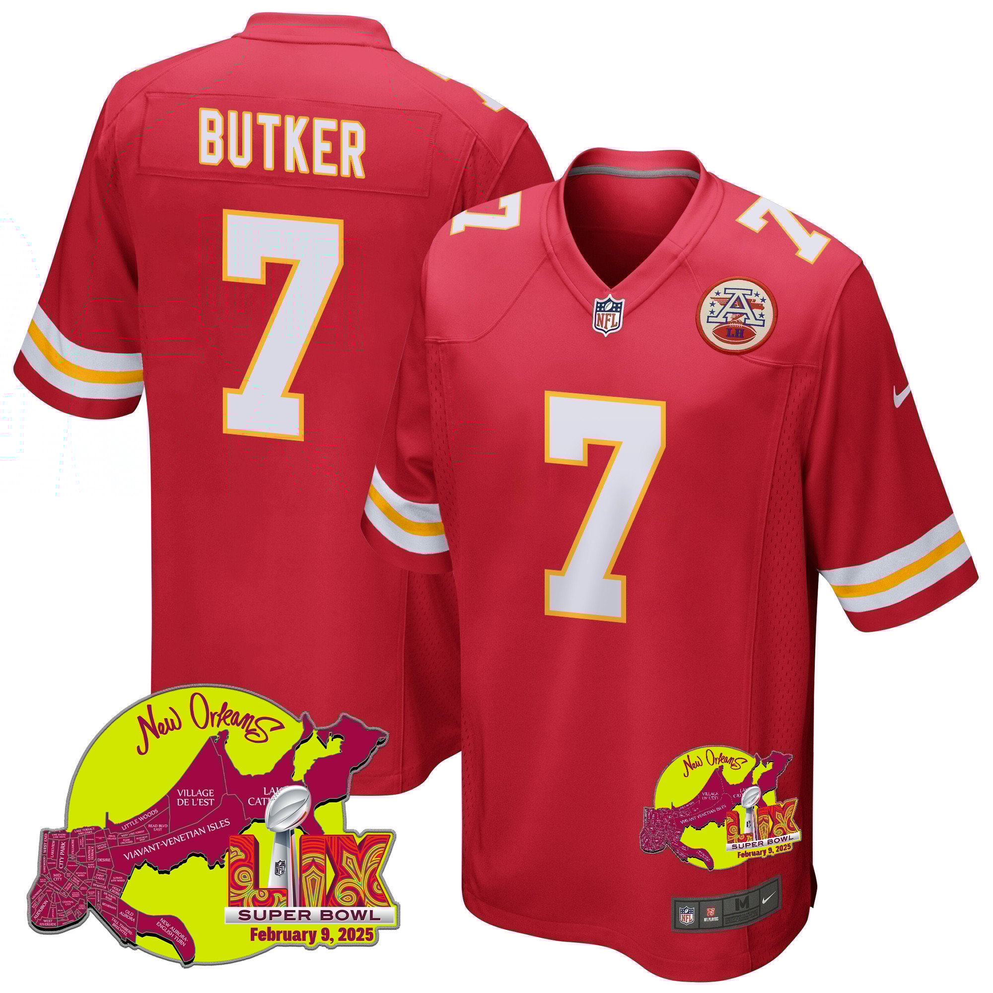 Harrison Butker 7 Kansas City Chiefs Super Bowl LIX New Orleans Patch Game Men Jersey - Red JS7788 Saliibo