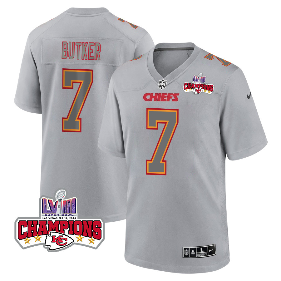Harrison Butker 7 Kansas City Chiefs Super Bowl LVIII Champions 4 Stars Patch Atmosphere Fashion Game Men Jersey - Gray JS2406 Saliibo