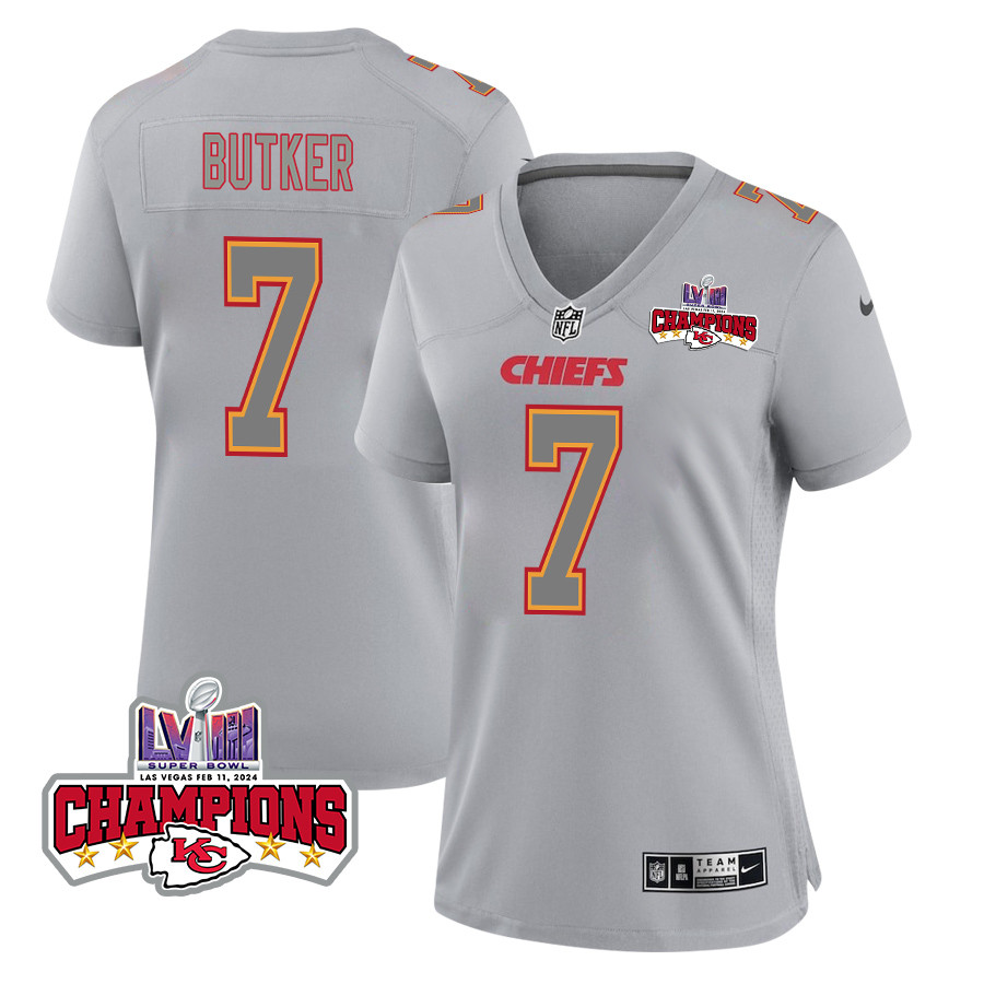 Harrison Butker 7 Kansas City Chiefs Super Bowl LVIII Champions 4 Stars Patch Atmosphere Fashion Game Women Jersey - Gray JS9561 Saliibo