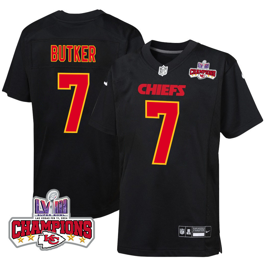 Harrison Butker 7 Kansas City Chiefs Super Bowl LVIII Champions 4 Stars Patch Fashion Game YOUTH Jersey - Carbon Black JS7276 Saliibo