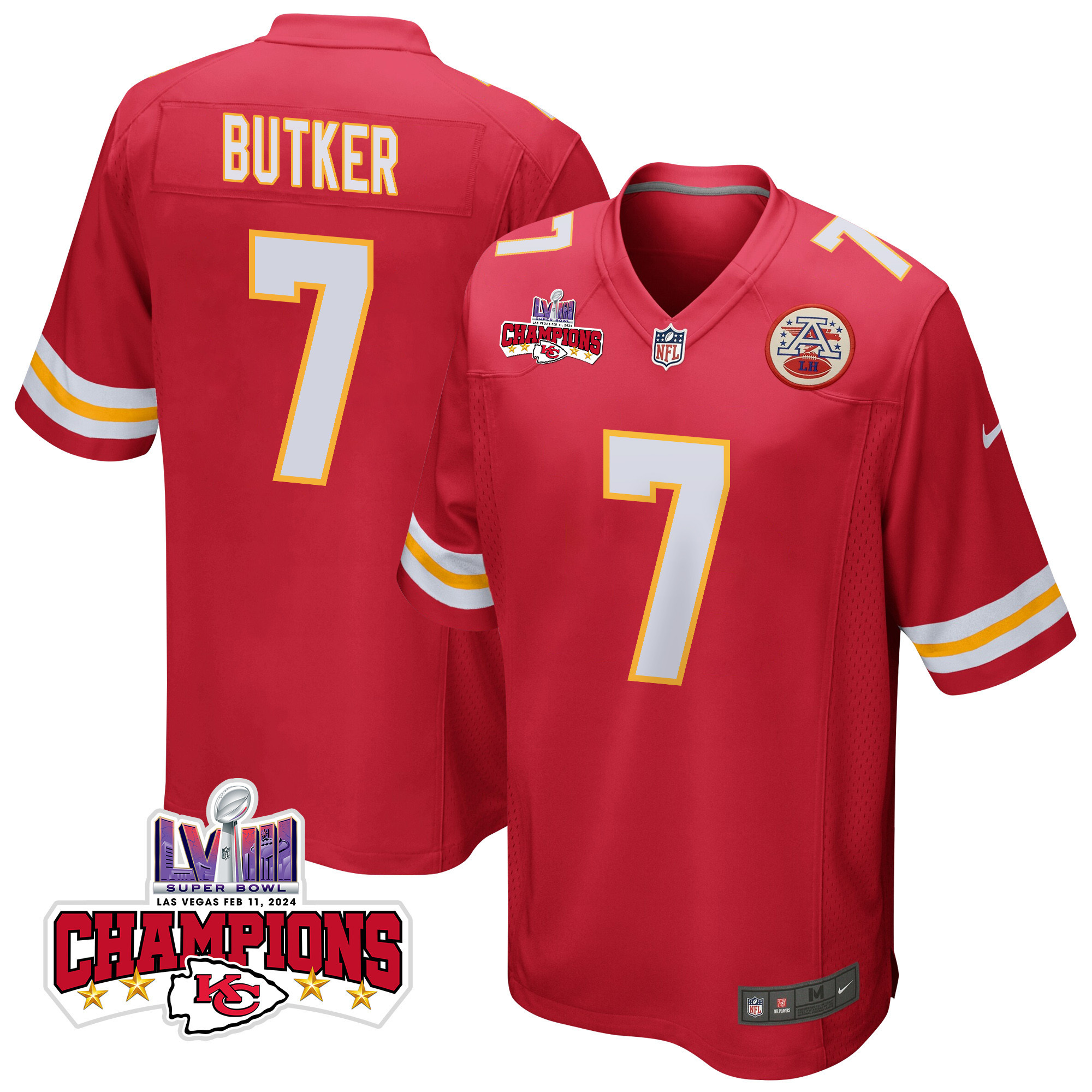 Harrison Butker 7 Kansas City Chiefs Super Bowl LVIII Champions 4 Stars Patch Game Men Jersey - Red JS7124 Saliibo