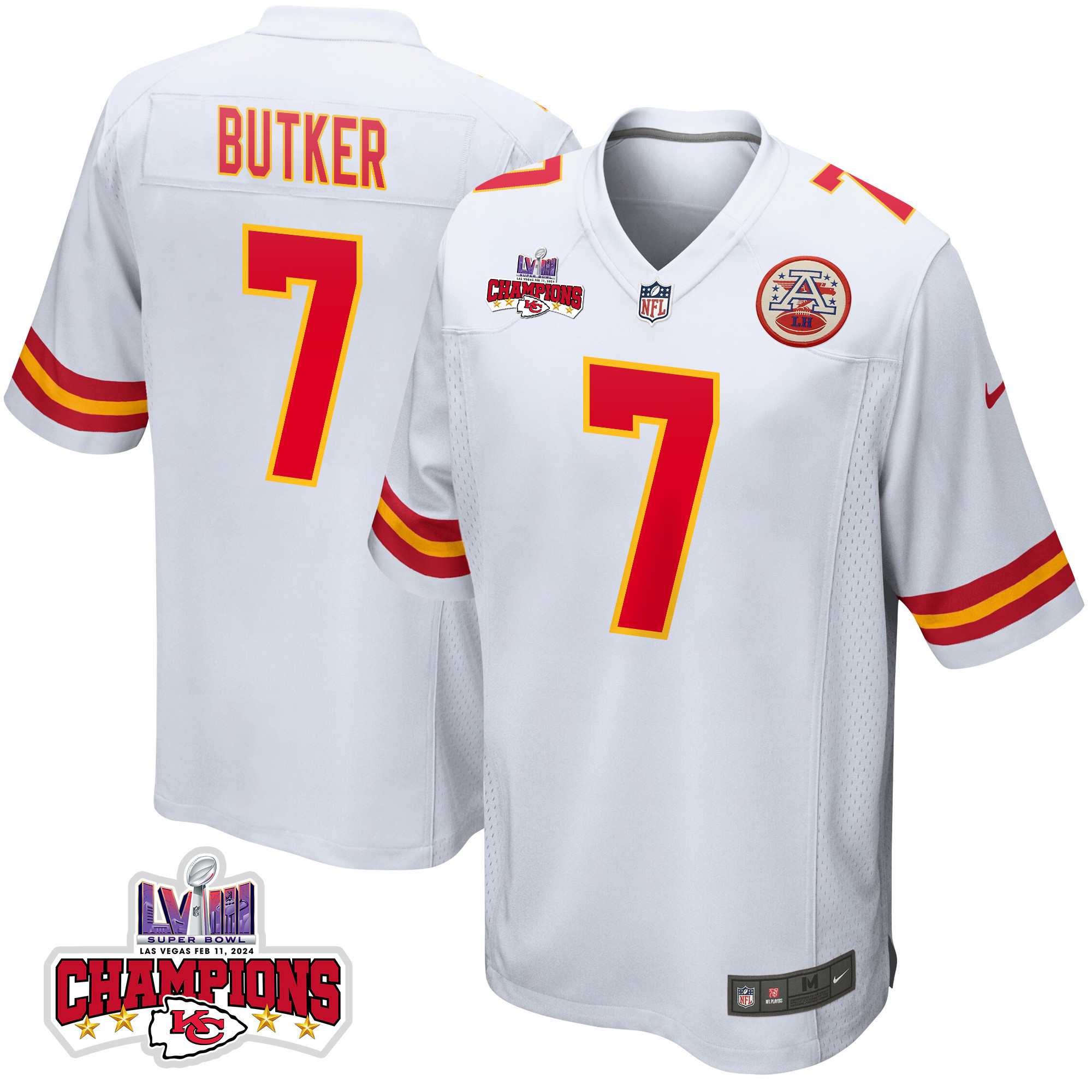 Harrison Butker 7 Kansas City Chiefs Super Bowl LVIII Champions 4 Stars Patch Game Men Jersey - White JS6931 Saliibo