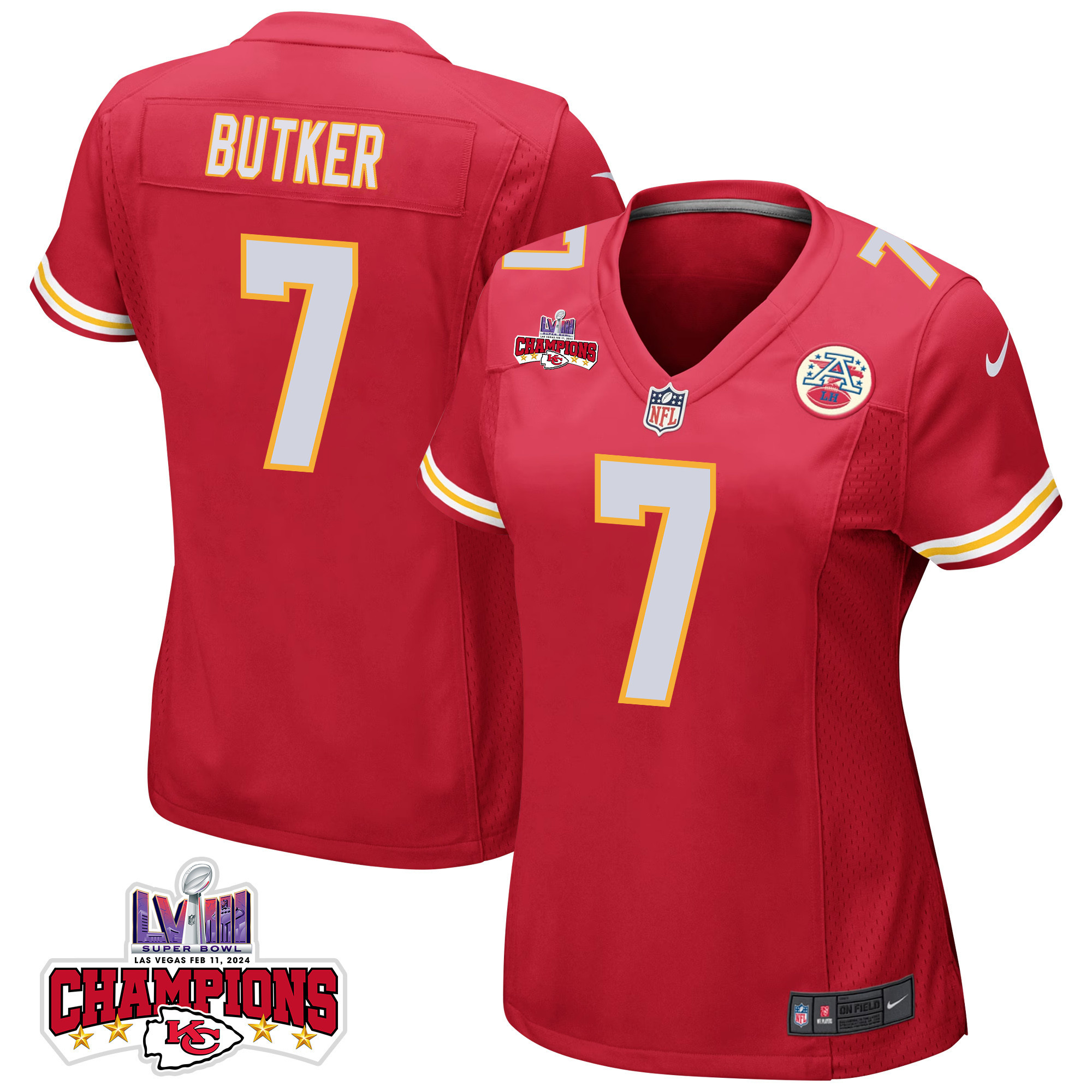 Harrison Butker 7 Kansas City Chiefs Super Bowl LVIII Champions 4 Stars Patch Game Women Jersey - Red JS7022 Saliibo