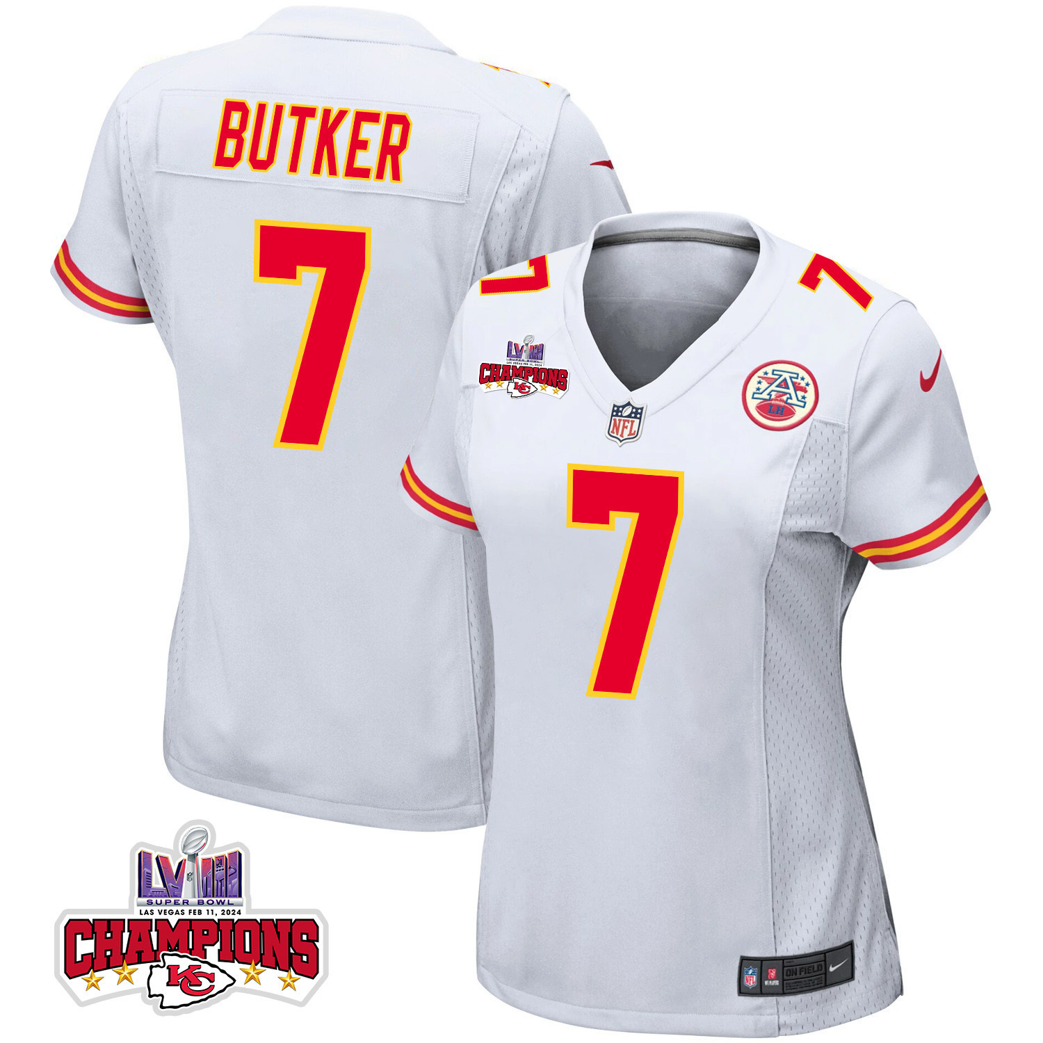 Harrison Butker 7 Kansas City Chiefs Super Bowl LVIII Champions 4 Stars Patch Game Women Jersey - White JS4521 Saliibo