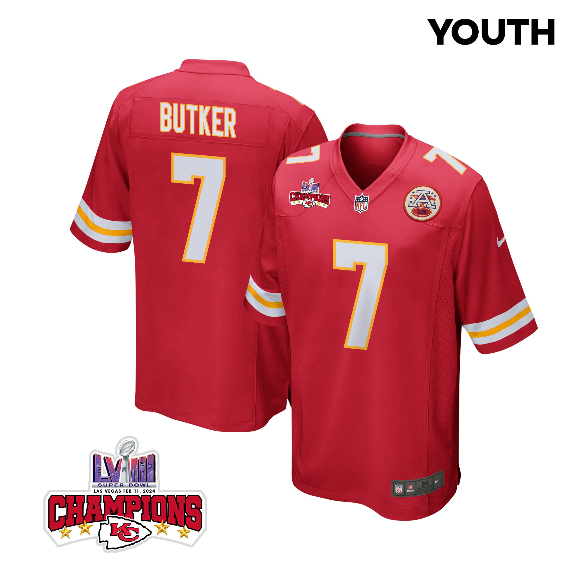 Harrison Butker 7 Kansas City Chiefs Super Bowl LVIII Champions 4 Stars Patch Game YOUTH Jersey - Red JS7703 Saliibo