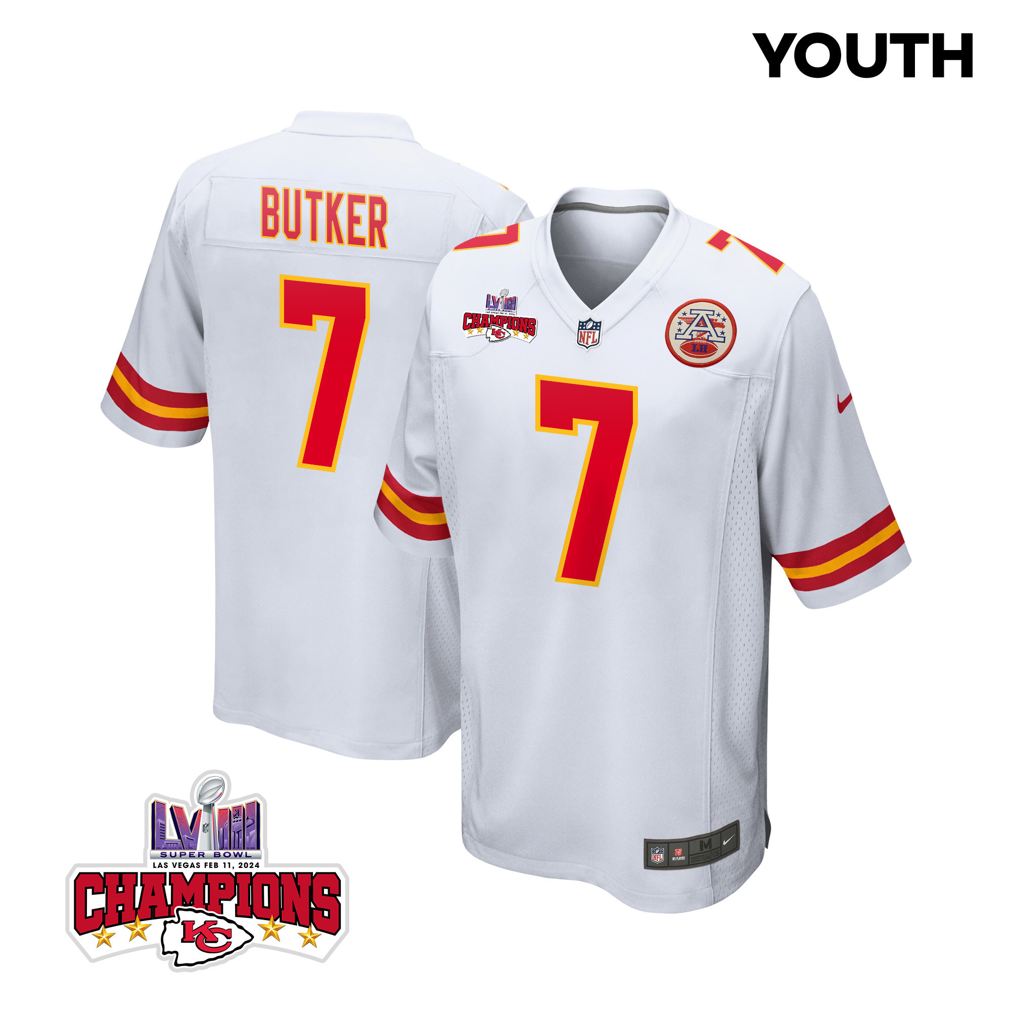 Harrison Butker 7 Kansas City Chiefs Super Bowl LVIII Champions 4 Stars Patch Game YOUTH Jersey - White JS9204 Saliibo