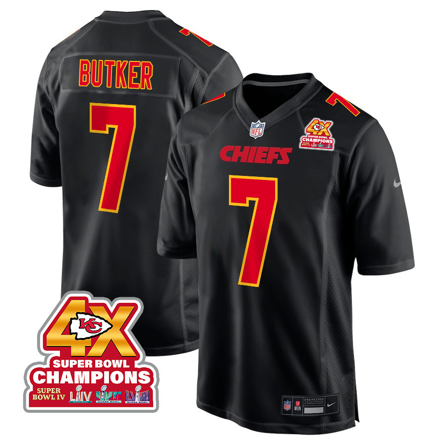 Harrison Butker 7 Kansas City Chiefs Super Bowl LVIII Champions 4X Fashion Game Men Jersey - Carbon Black JS9380 Saliibo