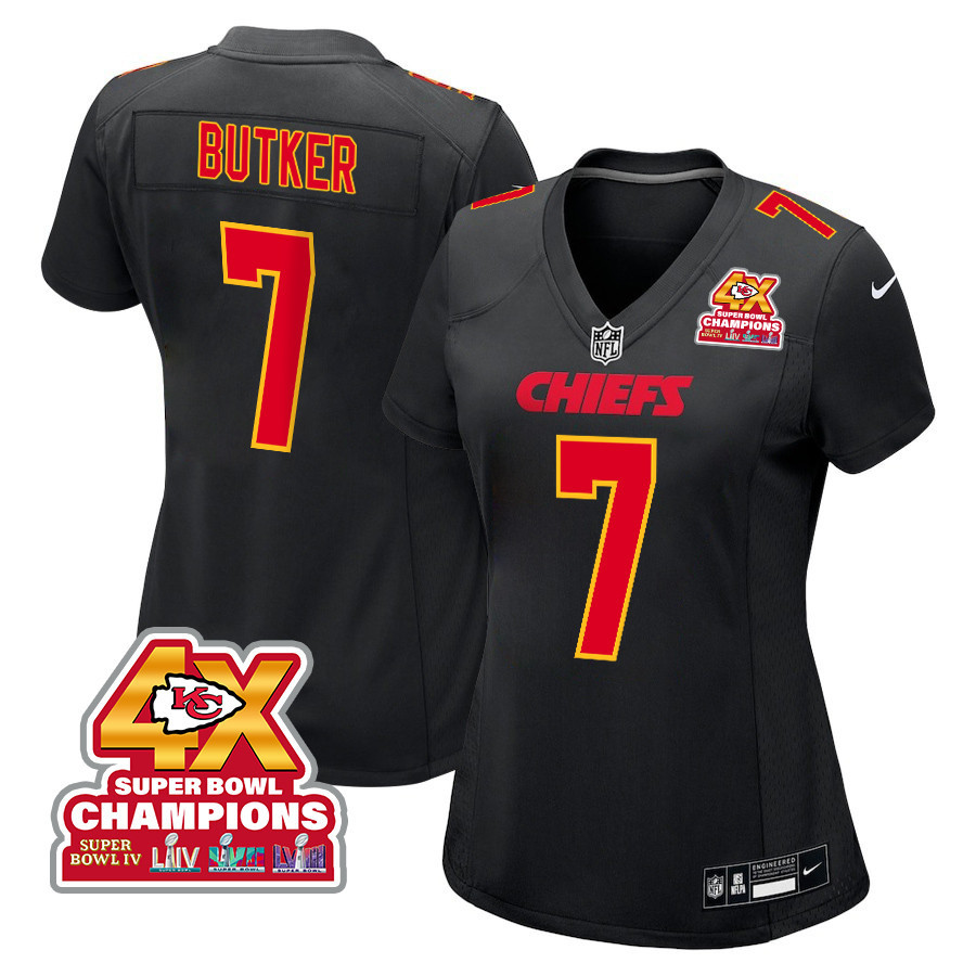 Harrison Butker 7 Kansas City Chiefs Super Bowl LVIII Champions 4X Fashion Game Women Jersey - Carbon Black JS7978 Saliibo