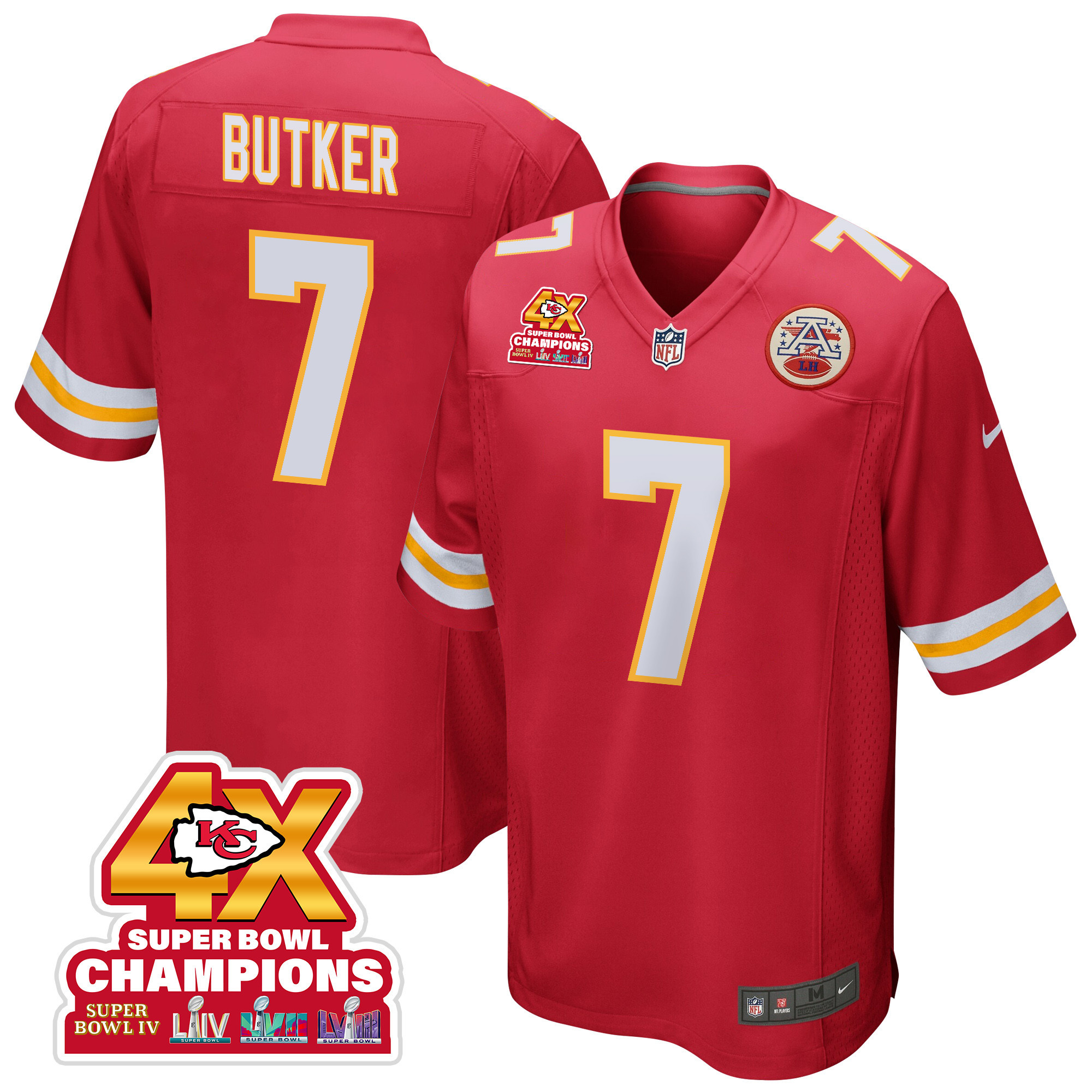 Harrison Butker 7 Kansas City Chiefs Super Bowl LVIII Champions 4X Game Men Jersey - Red JS6783 Saliibo
