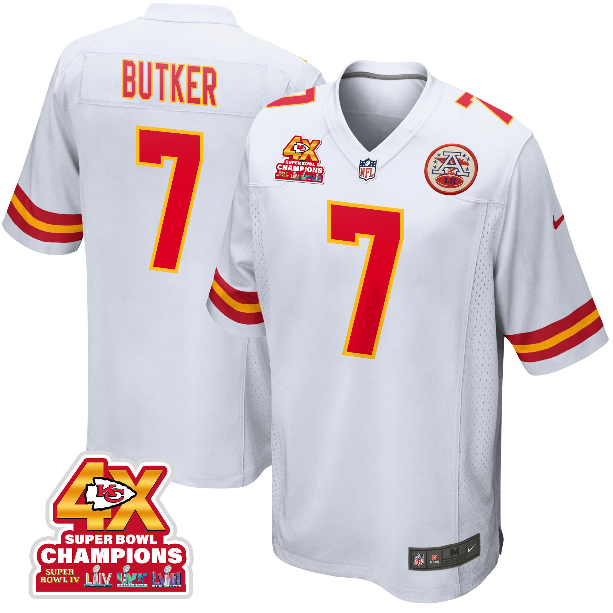 Harrison Butker 7 Kansas City Chiefs Super Bowl LVIII Champions 4X Game Men Jersey - White JS2195 Saliibo