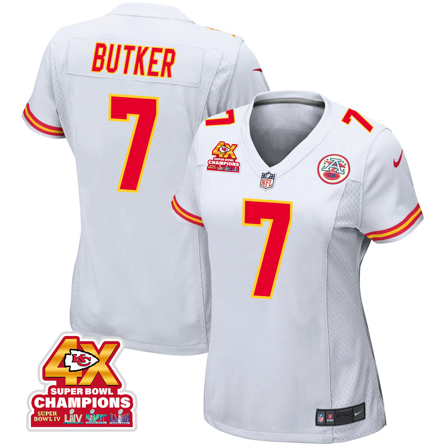 Harrison Butker 7 Kansas City Chiefs Super Bowl LVIII Champions 4X Game Women Jersey - White JS1913 Saliibo