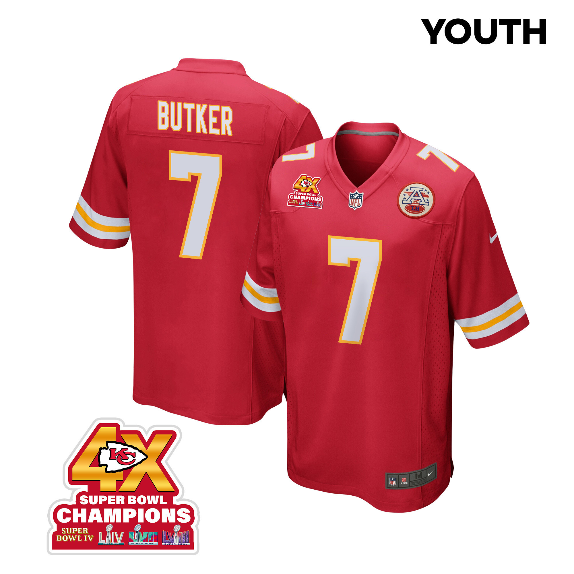 Harrison Butker 7 Kansas City Chiefs Super Bowl LVIII Champions 4X Game YOUTH Jersey - Red JS5648 Saliibo