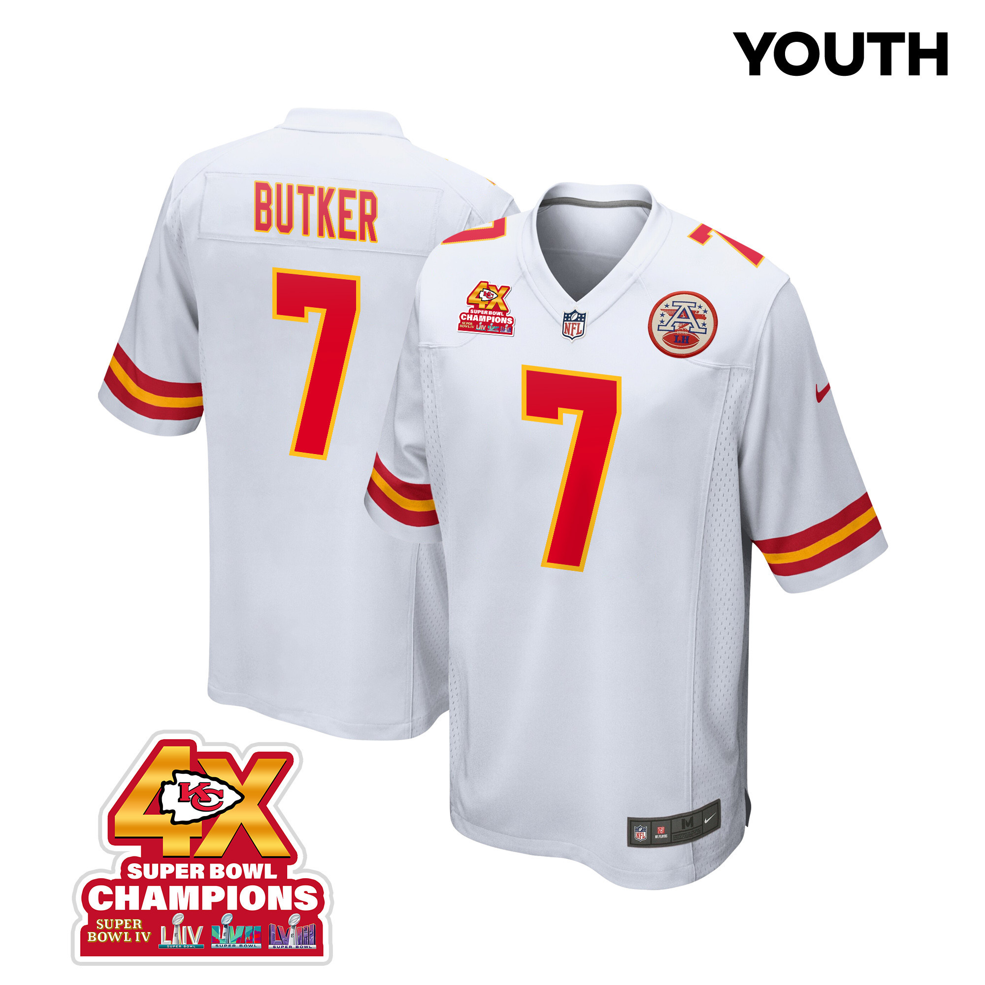 Harrison Butker 7 Kansas City Chiefs Super Bowl LVIII Champions 4X Game YOUTH Jersey - White JS1860 Saliibo