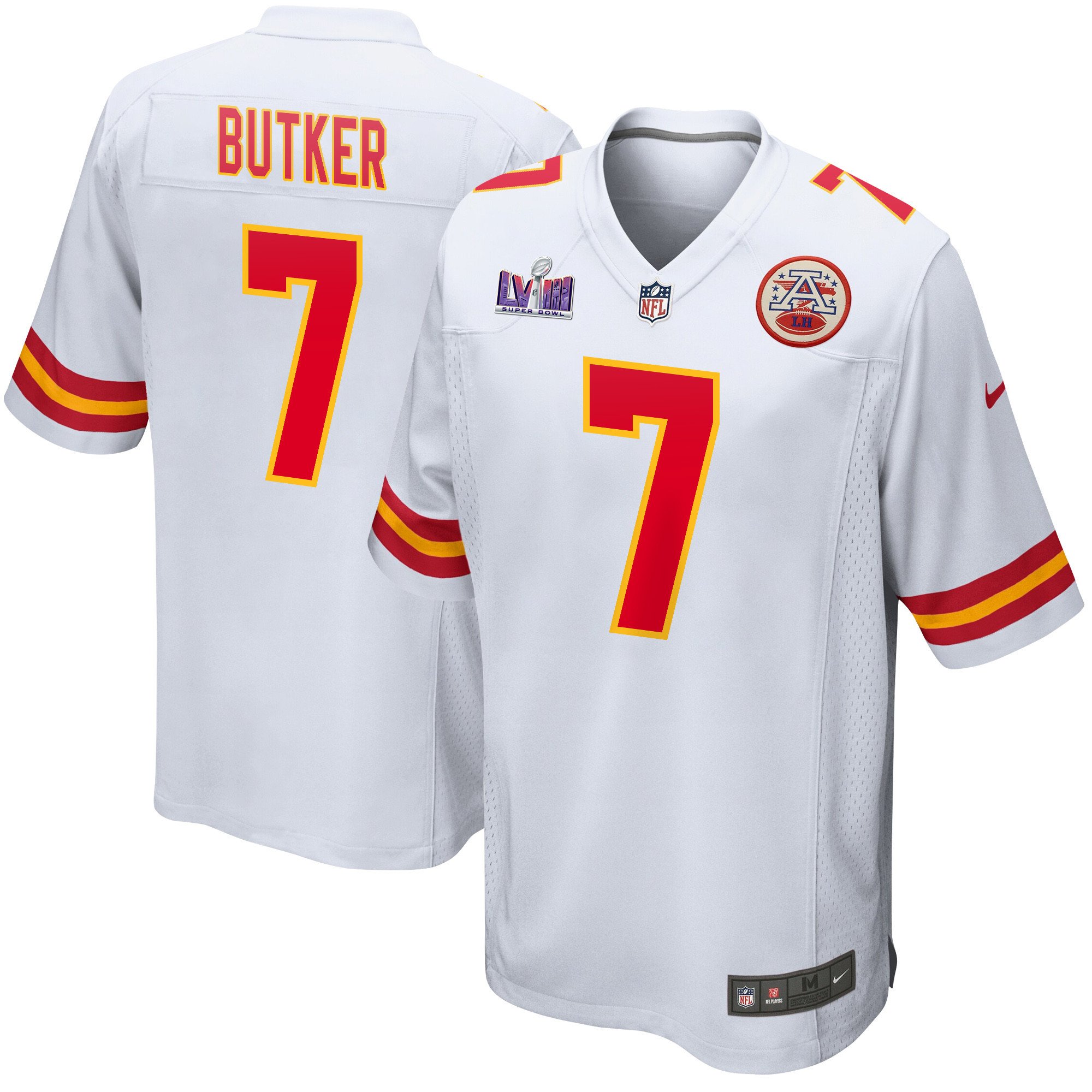 Harrison Butker 7 Kansas City Chiefs Super Bowl LVIII Patch Game Men Jersey - White JS4621 Saliibo