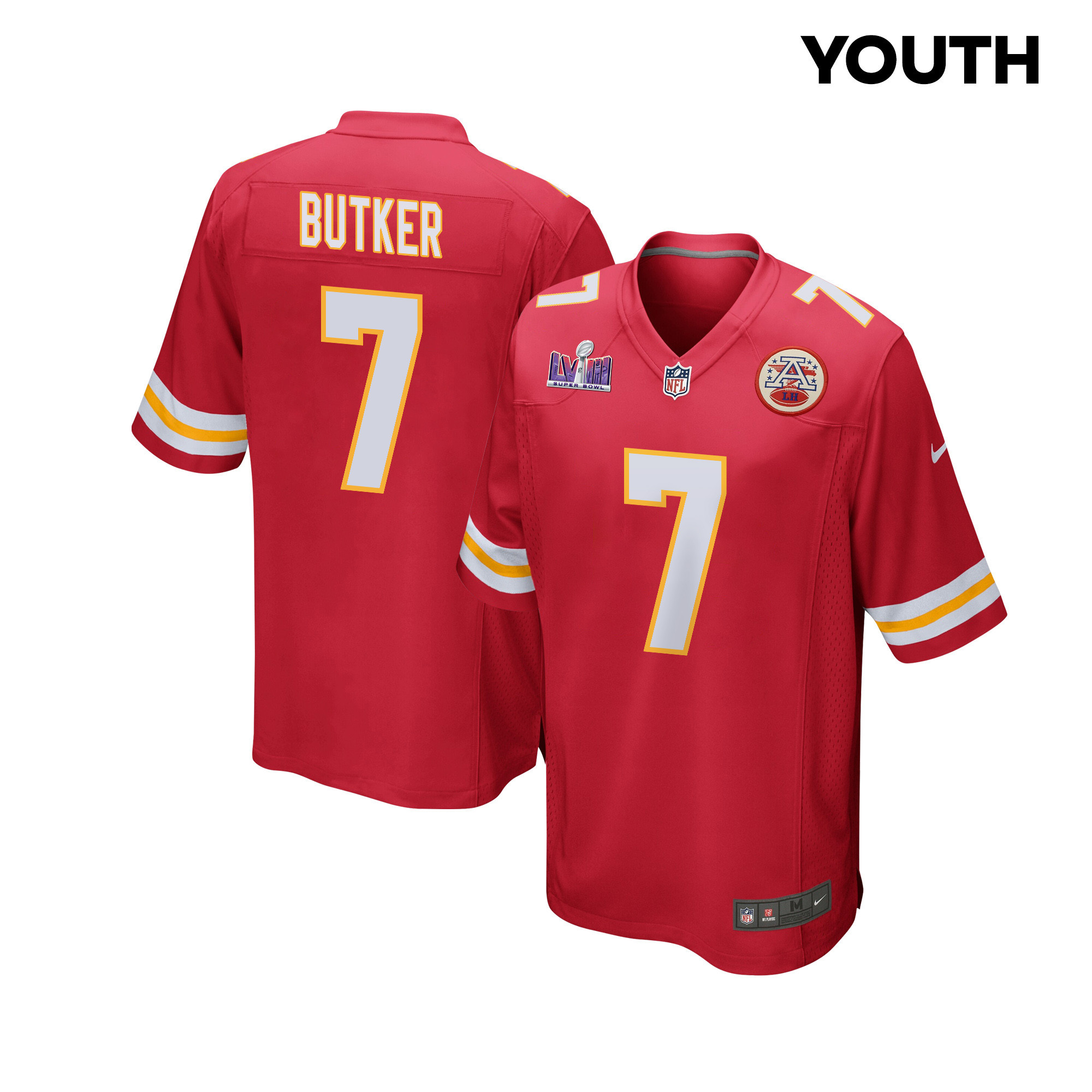 Harrison Butker 7 Kansas City Chiefs Super Bowl LVIII Patch Game YOUTH Jersey - Red JS1616 Saliibo