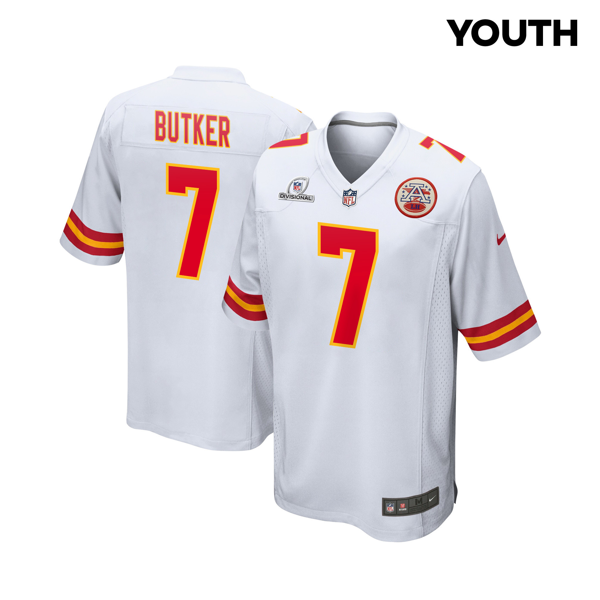 Harrison Butker 7 Kansas City Chiefs Super Bowl LVIII Patch Game YOUTH Jersey - White JS2829 Saliibo