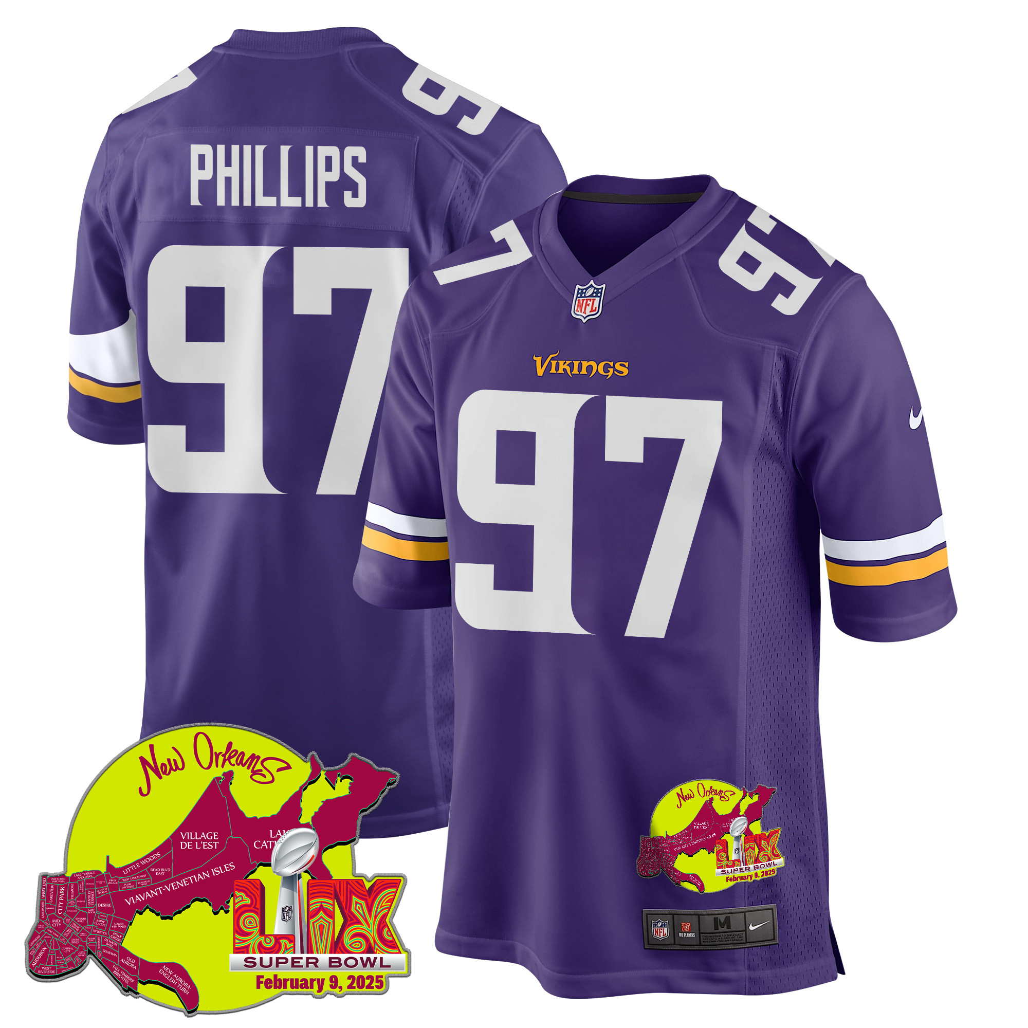 Harrison Phillips 97 Minnesota Vikings Super Bowl LIX New Orleans Patch Game Men Jersey - Purple JS9542 Saliibo