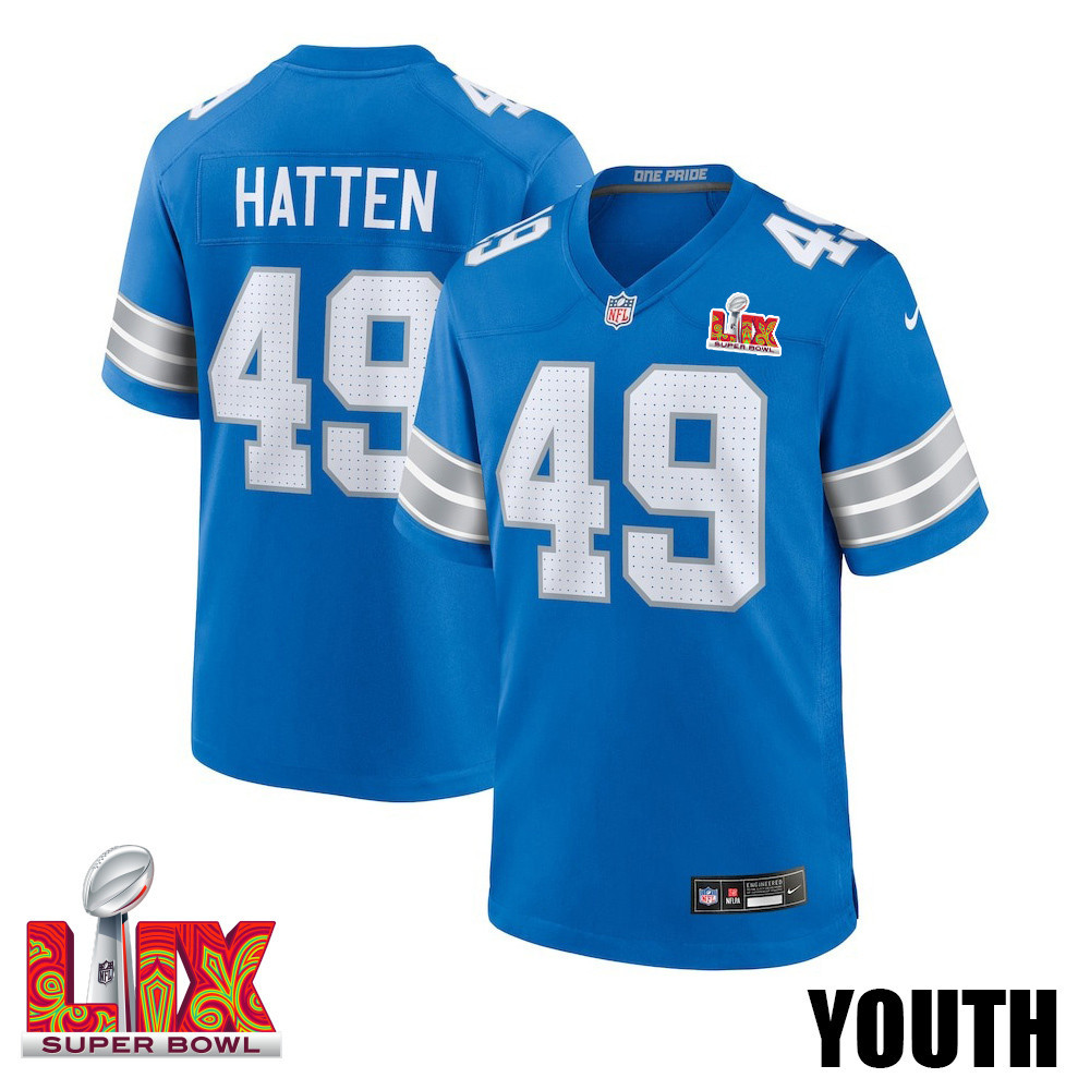 Hogan Hatten #49 Detroit Lions Super Bowl LIX YOUTH Jersey - Blue JS1632 Saliibo