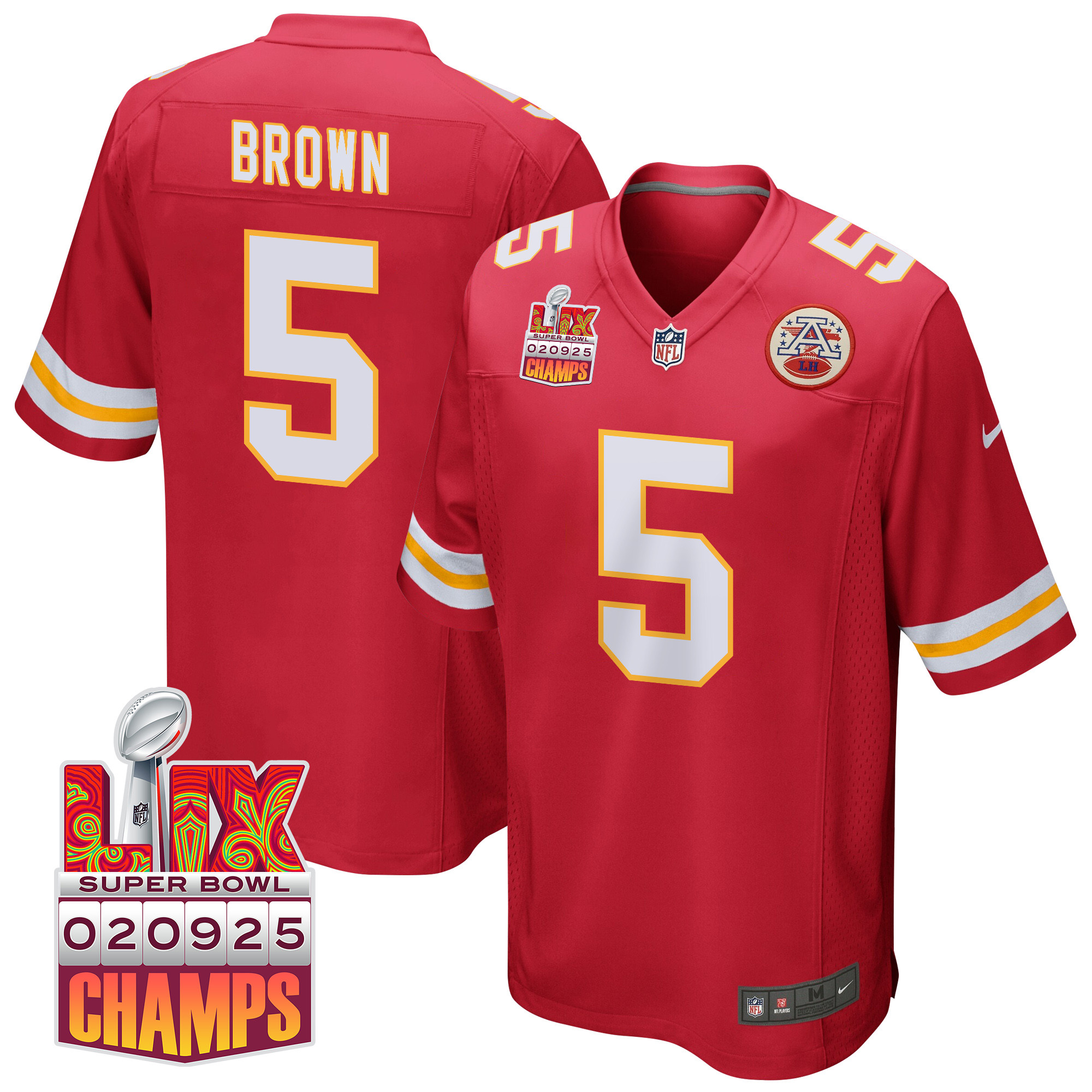Hollywood Brown 5 Kansas City Chiefs Super Bowl LIX Champions Patch Game Men Jersey - Red JS1490 Saliibo