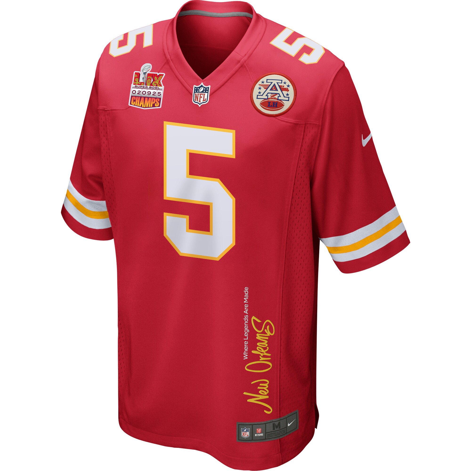 Hollywood Brown 5 Kansas City Chiefs Super Bowl LIX Champions Patch 'New Orleans - Where Legends Are Made' EMBROIDERED Game Men Jersey - Red JS6161 Saliibo - Image 3