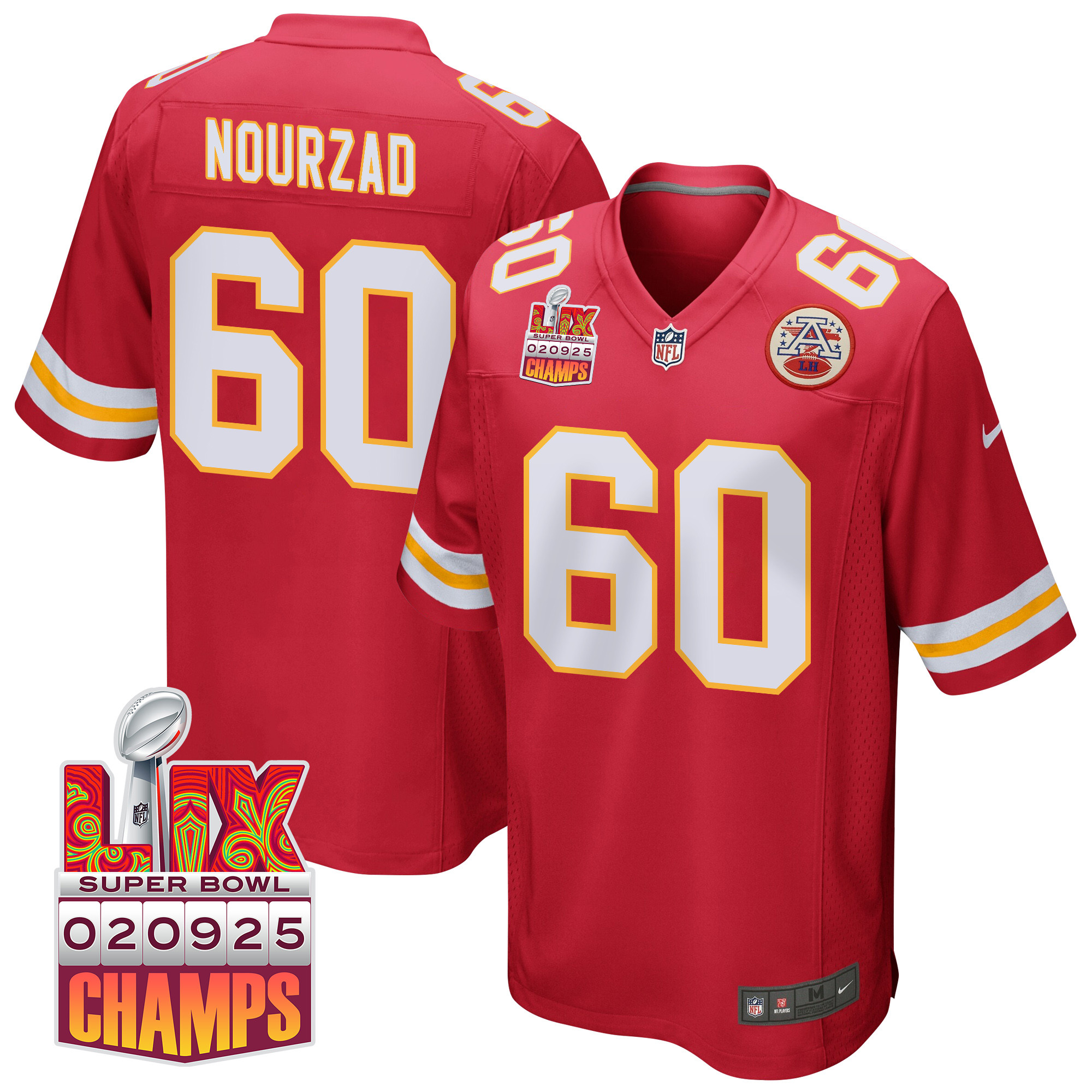 Hunter Nourzad 60 Kansas City Chiefs Super Bowl LIX Champions Patch Game Men Jersey - Red JS6618 Saliibo