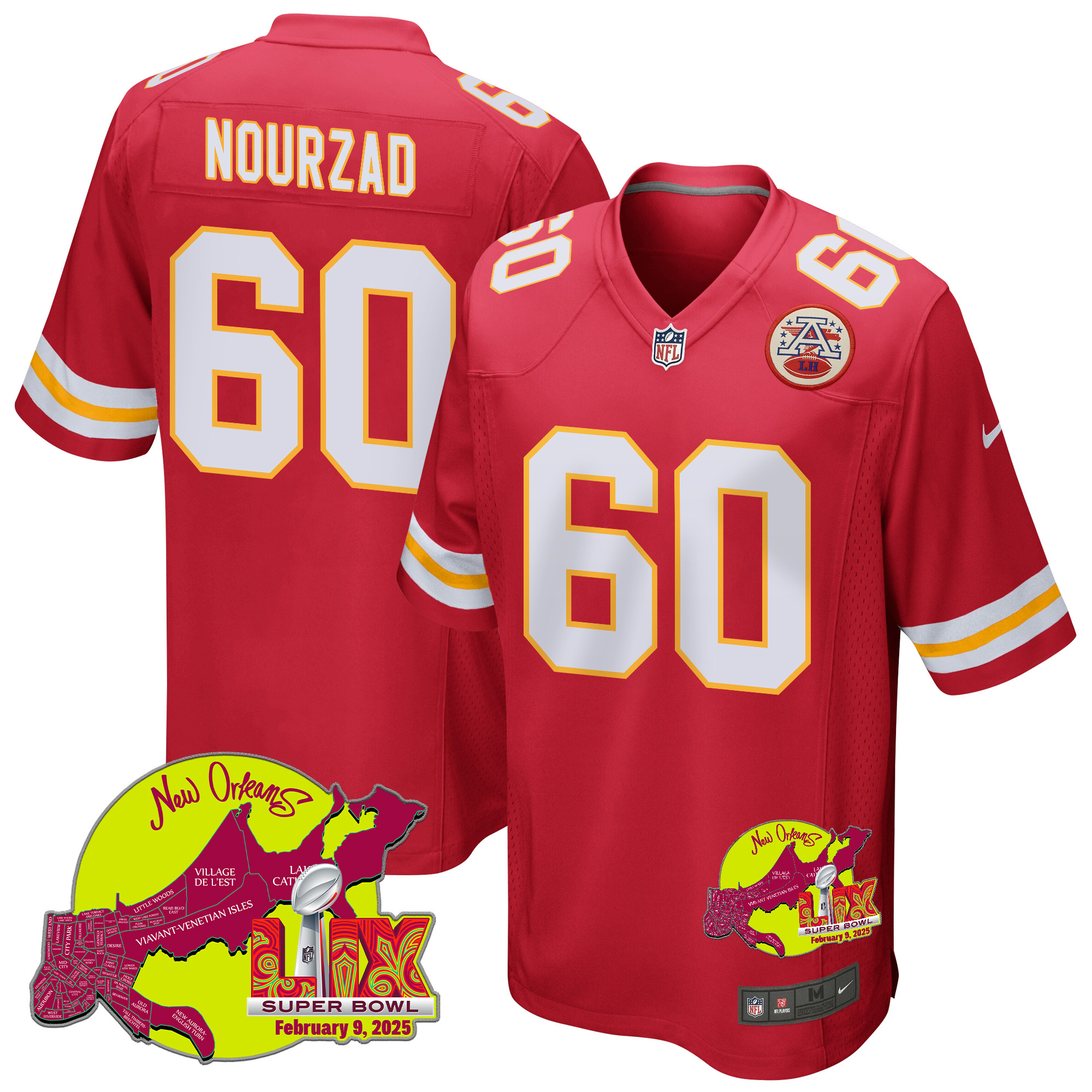 Hunter Nourzad 60 Kansas City Chiefs Super Bowl LIX New Orleans Patch Game Men Jersey - Red JS4103 Saliibo