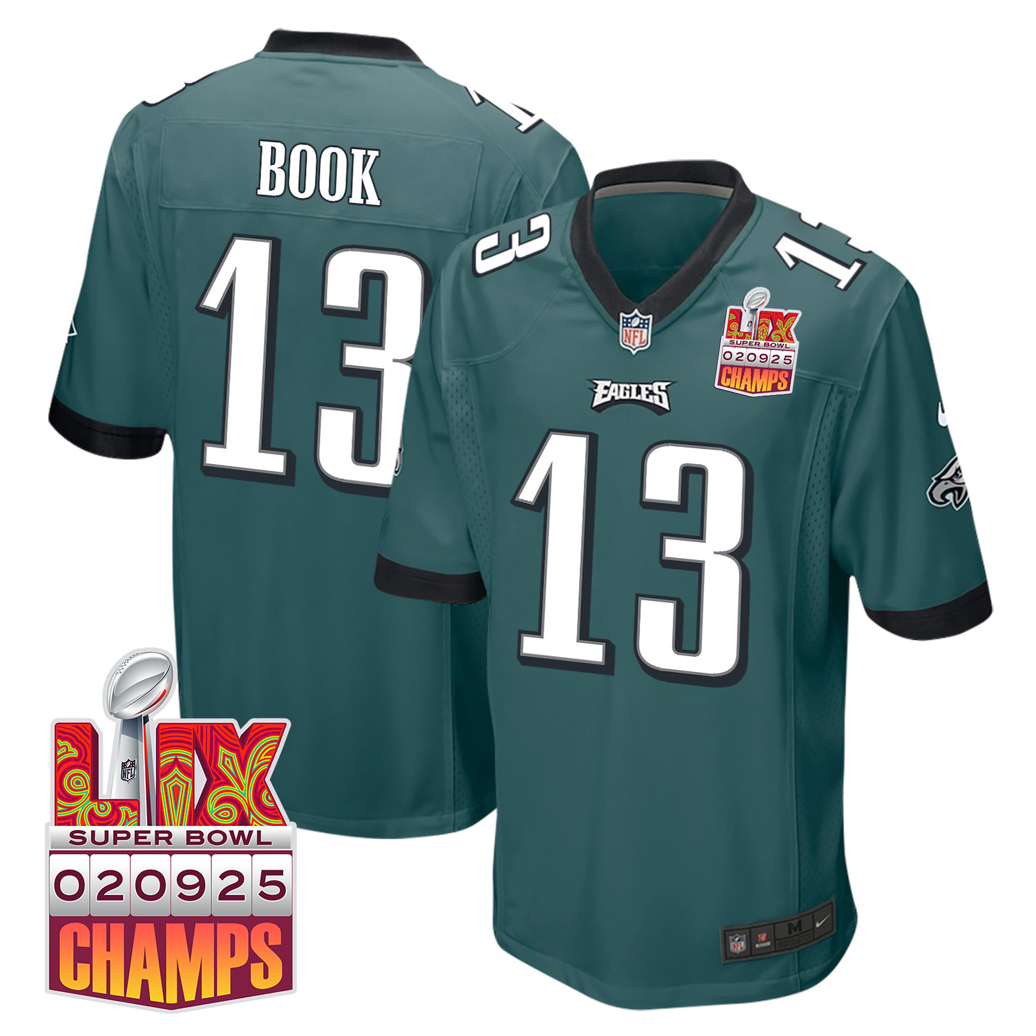 Ian Book 13 Philadelphia Eagles Super Bowl LIX Champions Patch Game Men Jersey - Midnight Green JS5278 Saliibo
