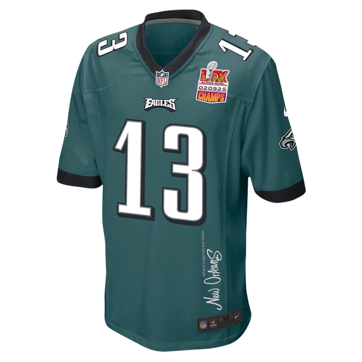 Ian Book 13 Philadelphia Eagles Super Bowl LIX Champions Patch 'New Orleans - Where Legends Are Made' EMBROIDERED Game Men Jersey - Midnight Green JS7997 Saliibo - Image 3