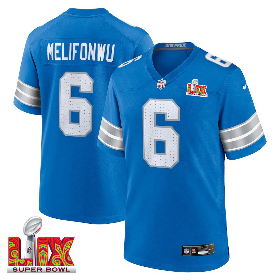 Ifeatu Melifonwu #6 Detroit Lions Super Bowl LIX Jersey - Men's - Blue JS2256 Saliibo