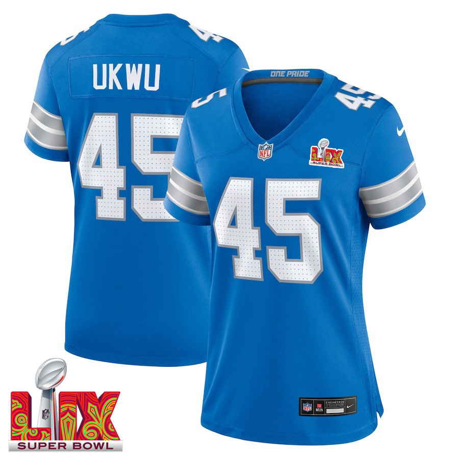Isaac Ukwu #45 Detroit Lions Super Bowl LIX Women's Jersey - Blue JS5208 Saliibo