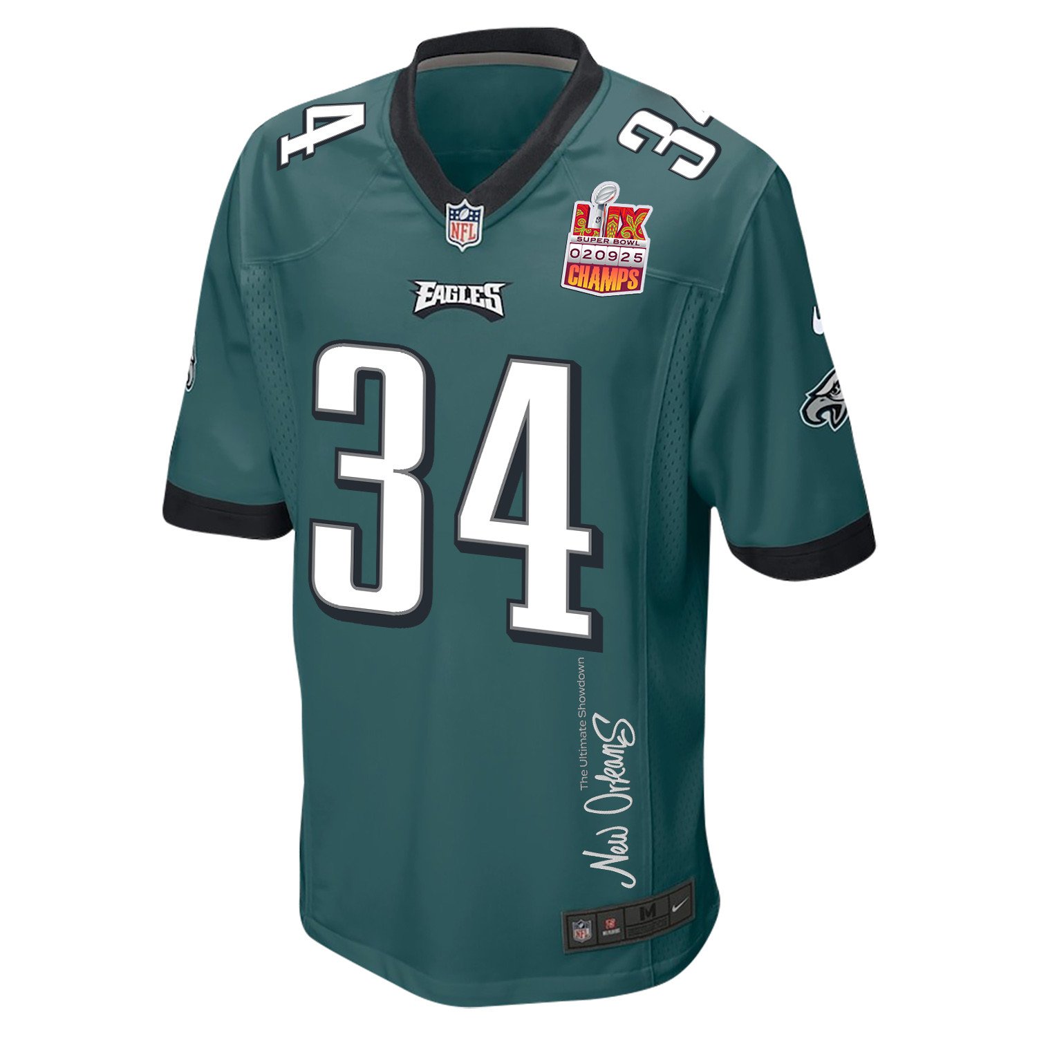 Isaiah Rodgers 34 Philadelphia Eagles Super Bowl LIX Champions Patch 'New Orleans - The Ultimate Showdown' EMBROIDERED Game Men Jersey - Midnight Green JS6648 Saliibo - Image 3