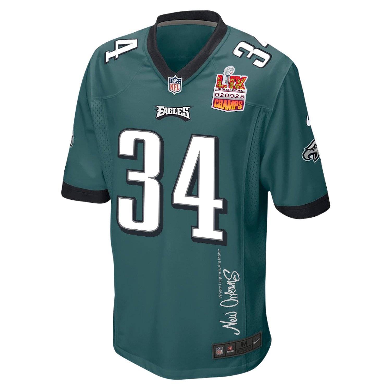 Isaiah Rodgers 34 Philadelphia Eagles Super Bowl LIX Champions Patch 'New Orleans - Where Legends Are Made' EMBROIDERED Game Men Jersey - Midnight Green JS2979 Saliibo - Image 3
