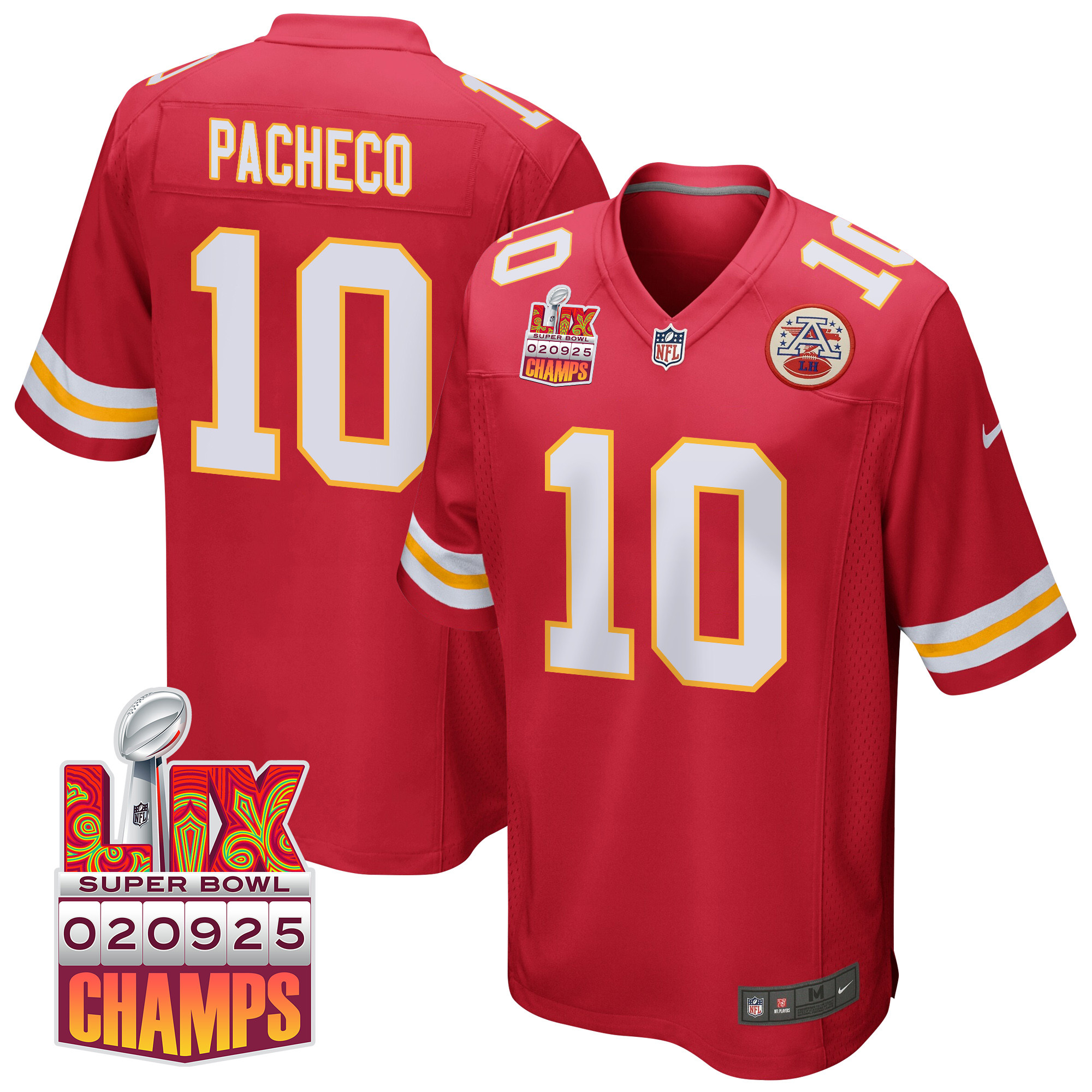 Isiah Pacheco 10 Kansas City Chiefs Super Bowl LIX Champions Patch Game Men Jersey - Red JS4983 Saliibo