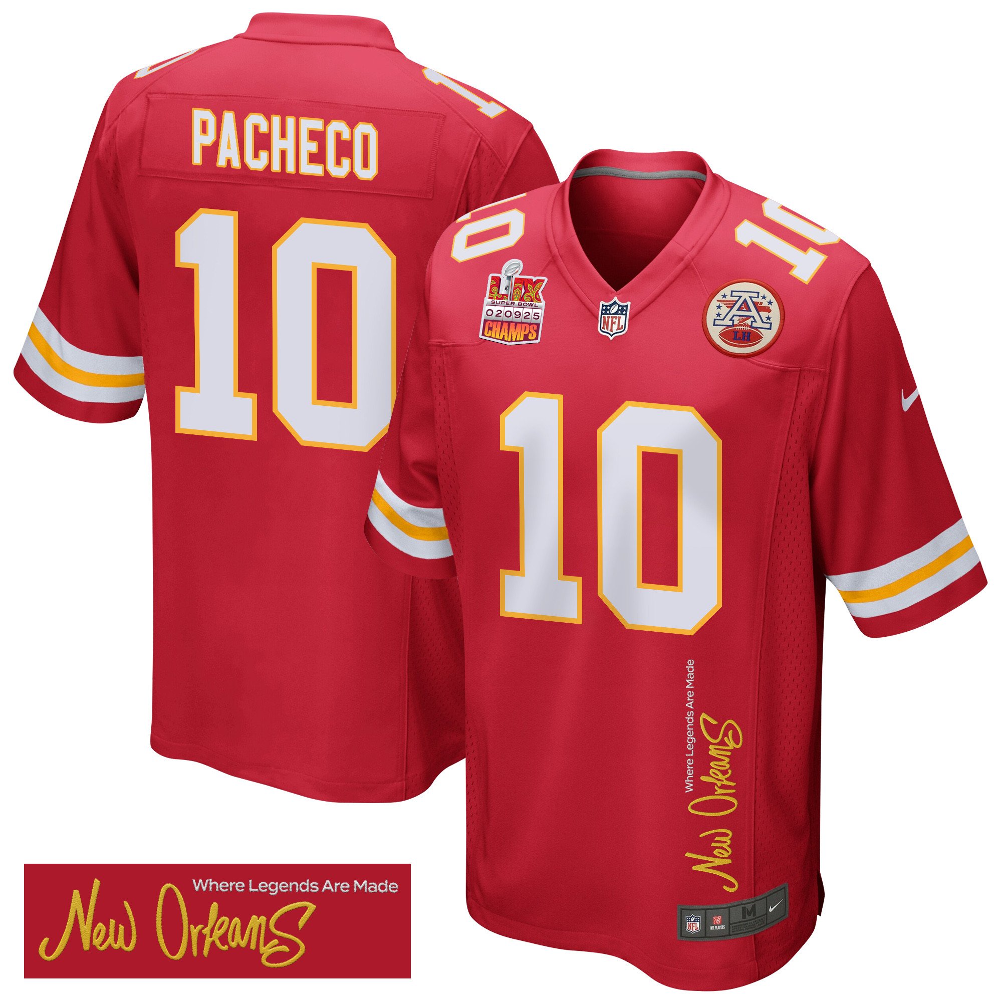 Isiah Pacheco 10 Kansas City Chiefs Super Bowl LIX Champions Patch 'New Orleans - Where Legends Are Made' EMBROIDERED Game Men Jersey - Red JS6991 Saliibo