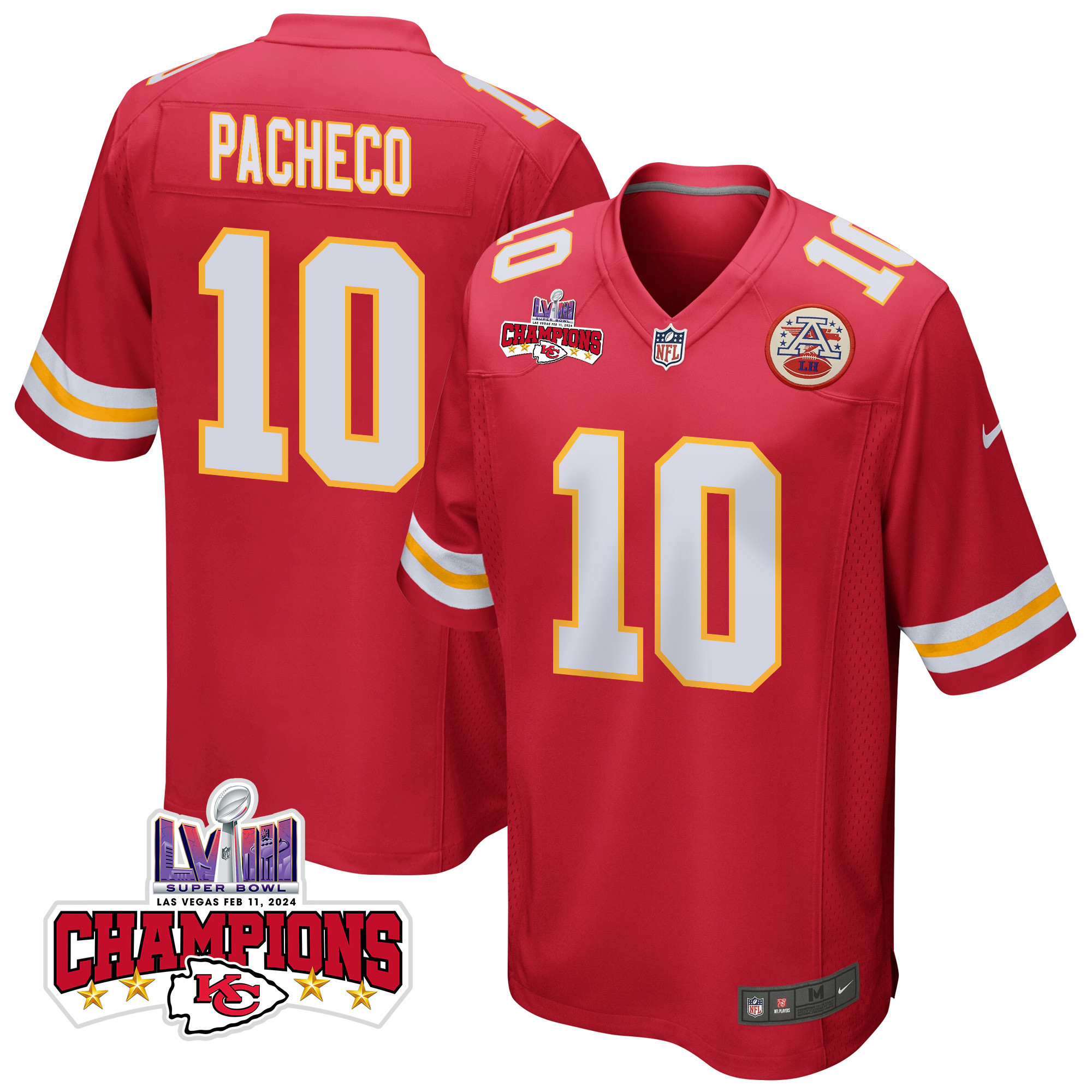 Isiah Pacheco 10 Kansas City Chiefs Super Bowl LVIII Champions 4 Stars Patch Game Men Jersey - Red JS4792 Saliibo