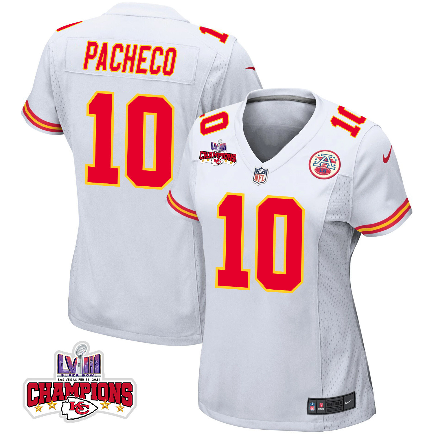 Isiah Pacheco 10 Kansas City Chiefs Super Bowl LVIII Champions 4 Stars Patch Game Women Jersey - White JS1647 Saliibo