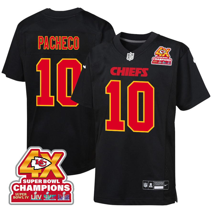 Isiah Pacheco 10 Kansas City Chiefs Super Bowl LVIII Champions 4X Fashion Game YOUTH Jersey - Carbon Black JS2294 Saliibo