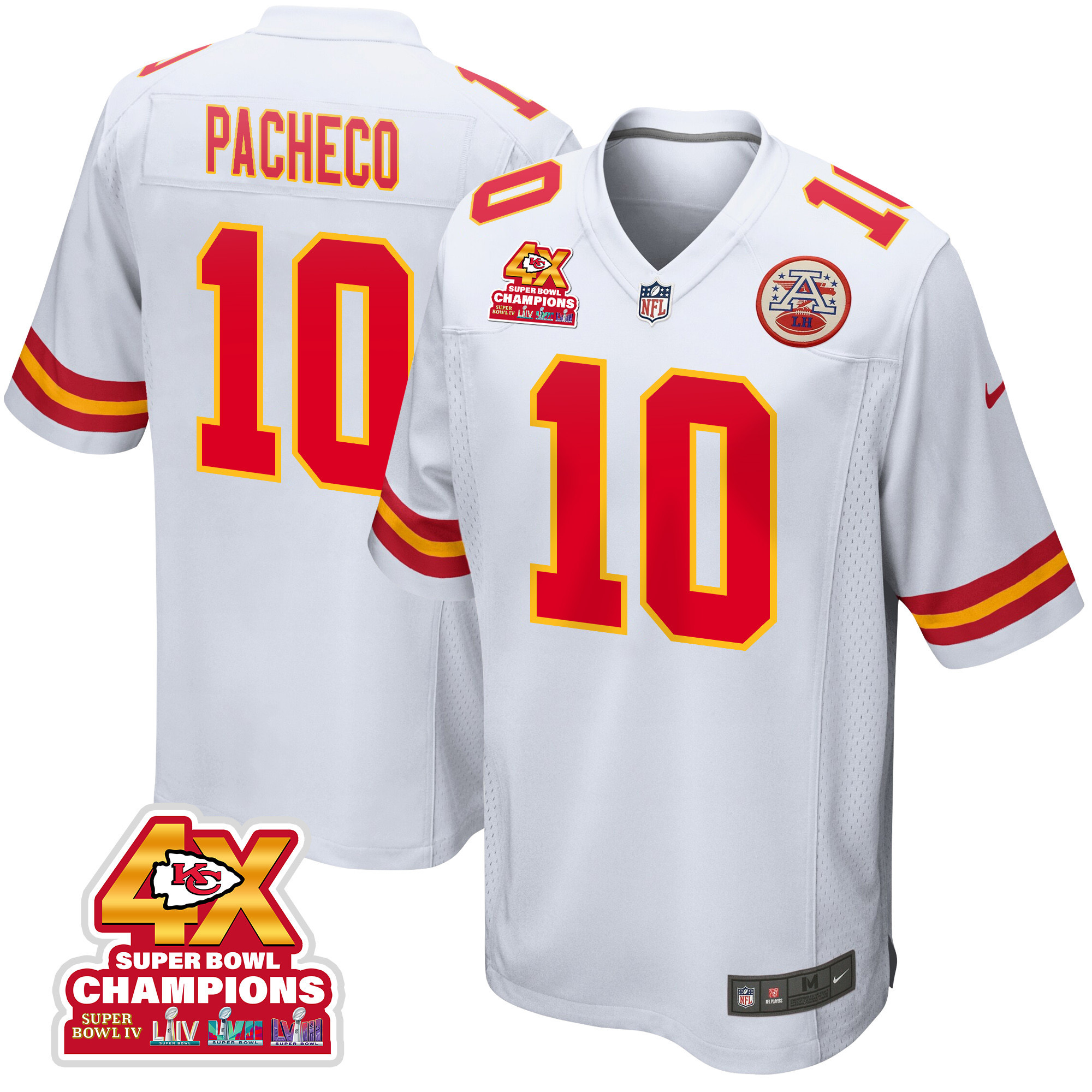 Isiah Pacheco 10 Kansas City Chiefs Super Bowl LVIII Champions 4X Game Men Jersey - White JS6237 Saliibo