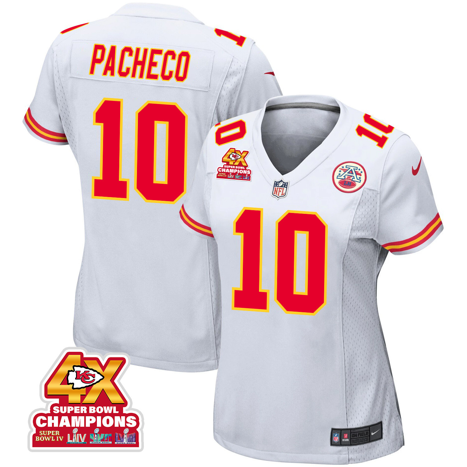 Isiah Pacheco 10 Kansas City Chiefs Super Bowl LVIII Champions 4X Game Women Jersey - White JS6728 Saliibo
