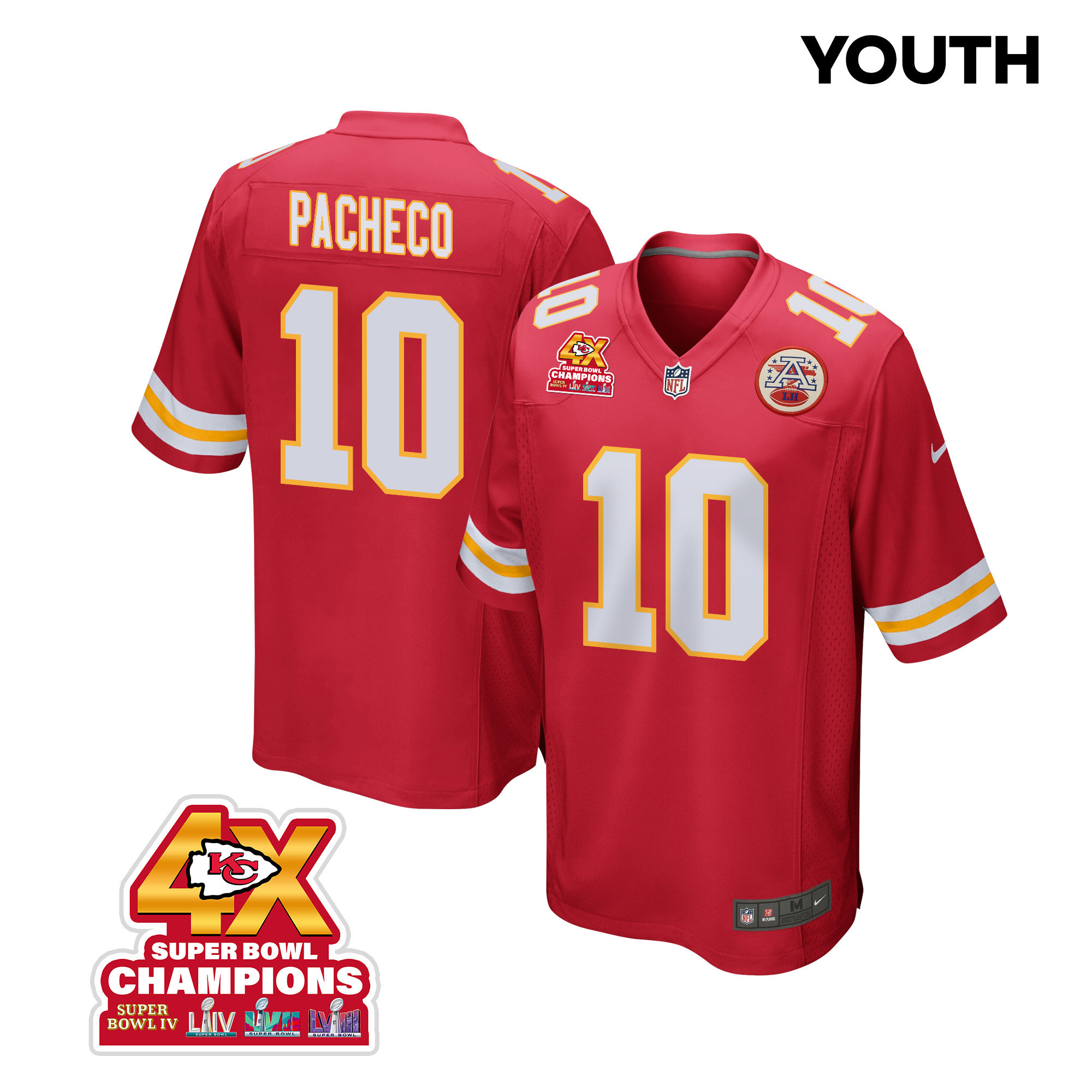 Isiah Pacheco 10 Kansas City Chiefs Super Bowl LVIII Champions 4X Game YOUTH Jersey - Red JS9957 Saliibo
