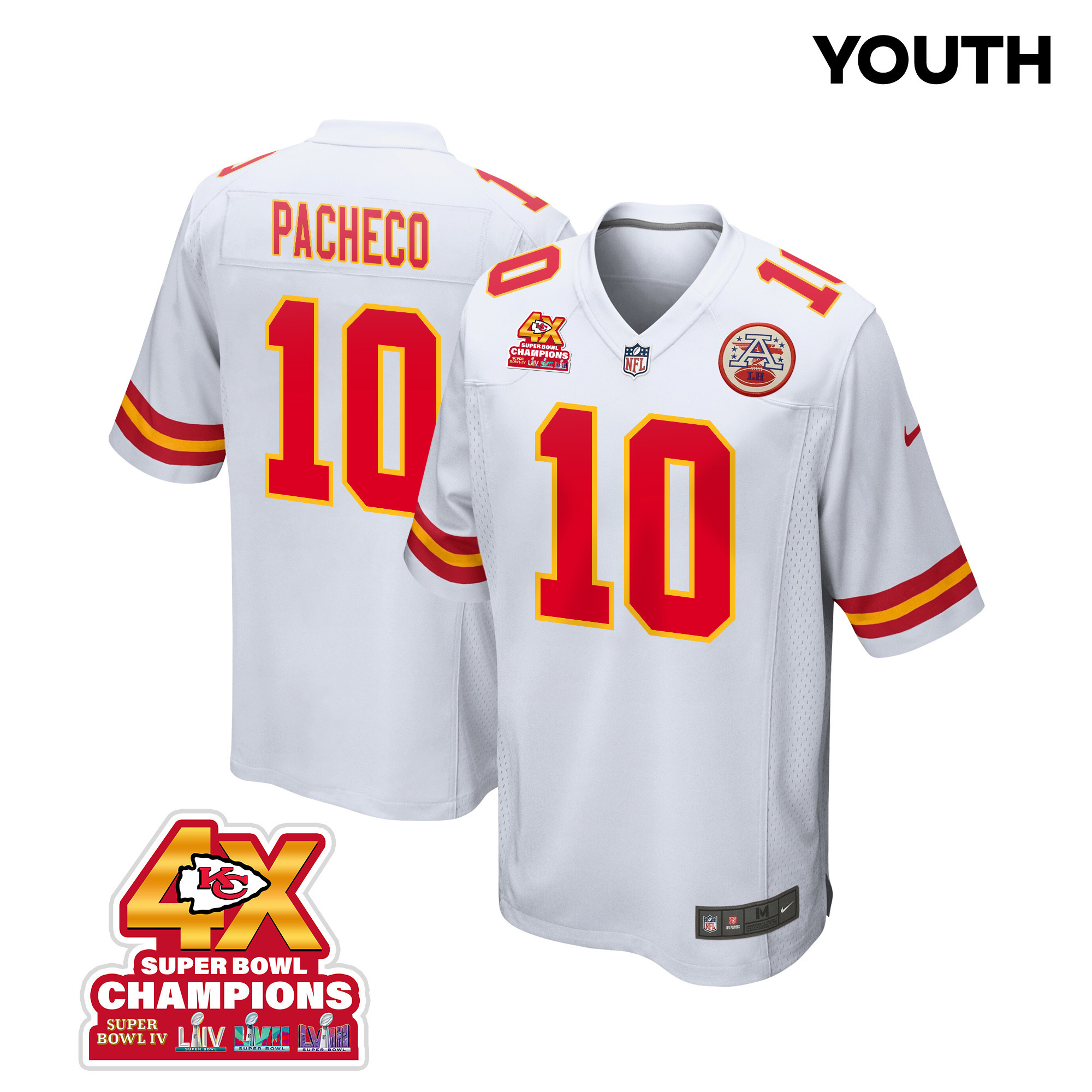 Isiah Pacheco 10 Kansas City Chiefs Super Bowl LVIII Champions 4X Game YOUTH Jersey - White JS6505 Saliibo