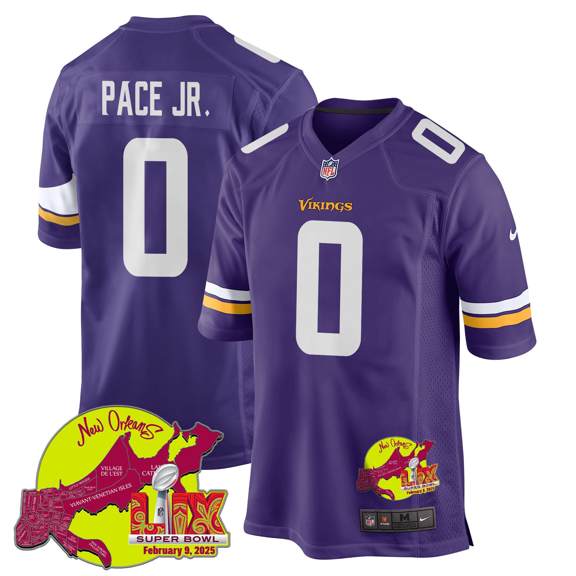 Ivan Pace Jr. 0 Minnesota Vikings Super Bowl LIX New Orleans Patch Game Men Jersey - Purple JS9550 Saliibo