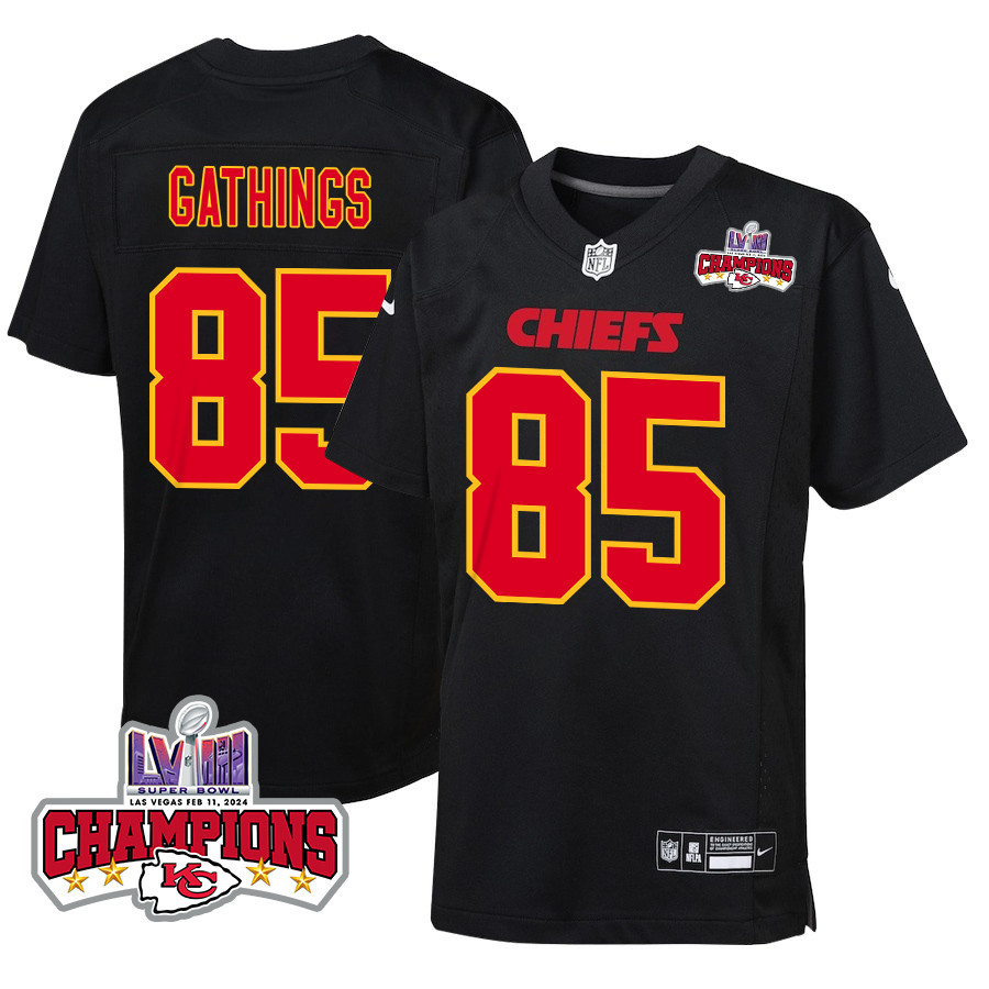 Izaiah Gathings 85 Kansas City Chiefs Super Bowl LVIII Champions 4 Stars Patch Fashion Game YOUTH Jersey - Carbon Black JS8055 Saliibo